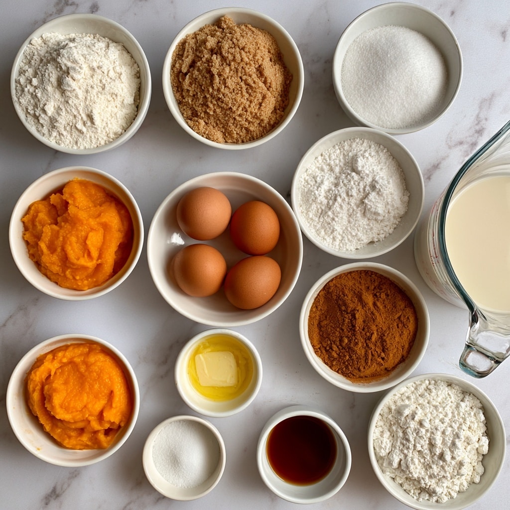 A top-down view of several white bowls and a clear glass measuring cup arranged on a white marbled surface, each filled with different baking ingredients. There are three brown eggs in a medium white bowl, bright orange pumpkin puree in another small white bowl, and melted yellow butter in a small white bowl. Other white bowls contain white flour, light brown brown sugar, white sugar, white baking powder, white cream of tartar, white baking soda, and light brown pumpkin pie spice. One small white bowl holds white salt, and another holds dark amber vanilla extract. The clear glass measuring cup on the right side contains light creamy evaporated milk. The bowls are placed neatly and spread out, creating an organized flat lay of baking ingredients. Photo taken with an iphone --ar 4:5 --v 7