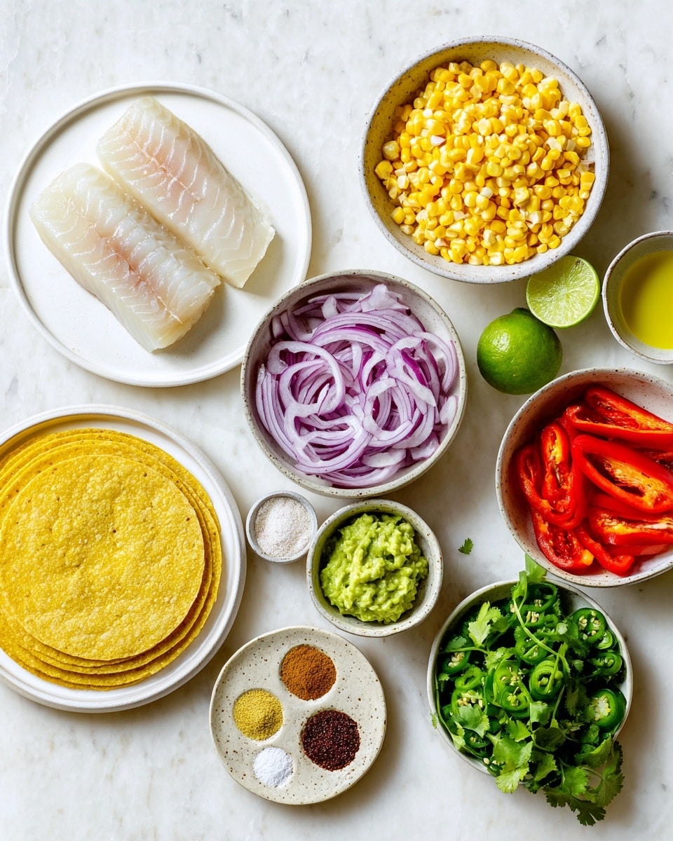 The image shows several white dishes arranged on a white marbled surface. One dish holds two pieces of light, pale white fish with a delicate texture, placed near the top left. Below, a white plate has a neat stack of yellow corn tortillas. A round white bowl next to the fish contains bright yellow corn kernels. To the right, a white bowl with thin, curved slices of purple red onion is visible, next to a whole green lime. Another white bowl is filled with red bell pepper strips, and a smaller white plate shows sliced green jalapeño peppers. A small white bowl holds chunky green guacamole, beside fresh green cilantro leaves in a white speckled bowl. A small white bowl with olive oil adds a golden touch, while a round dish in the center has four sections with colorful spices and salt, including brown, red, green, and white shades. Photo taken with an iphone --ar 4:5 --v 7