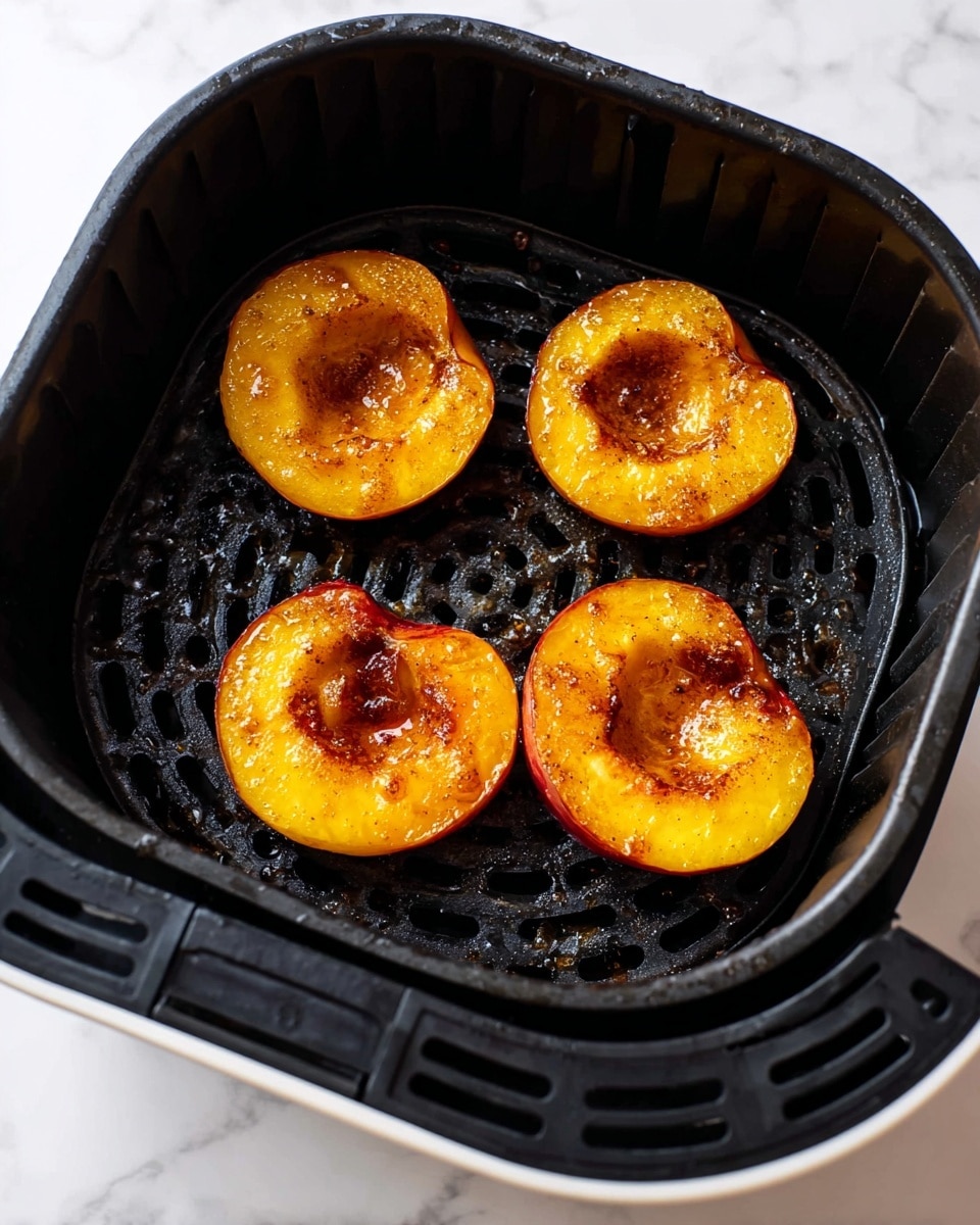 Four golden peach halves with caramelized brown sugar and cinnamon on their surface rest inside a black air fryer basket with round holes and ridged texture, placed on a white marbled surface. Each peach half glistens with a shiny syrup coating, showing soft, cooked flesh with slightly darker edges where caramelization occurred. The basket’s circular pattern and black color strongly contrast the bright yellow-orange peaches. Photo taken with an iphone --ar 4:5 --v 7