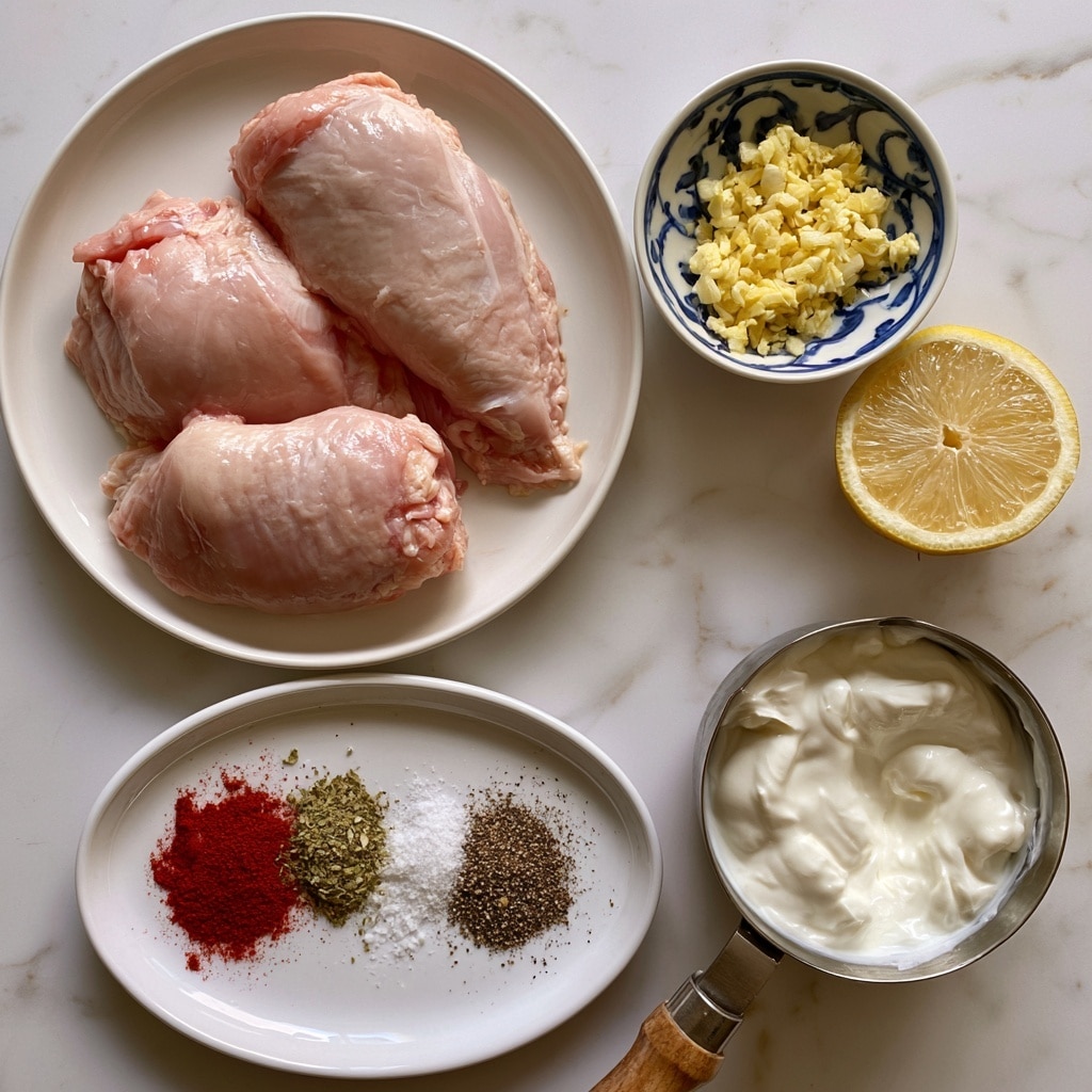 Three raw chicken pieces with a light pink and smooth texture lie on a white plate at the center left. To the right, a small white bowl with blue patterns holds finely chopped yellow garlic. Next to it, a lemon half shows its pale yellow, slightly textured inside. Below, a white plate carries small piles of red paprika powder, greenish dried oregano, white onion powder, white salt, and dark pepper arranged neatly. At the bottom right, a metal measuring cup with a wooden handle contains thick, creamy white yogurt. All items rest on a white marbled surface photo taken with an iphone --ar 4:5 --v 7