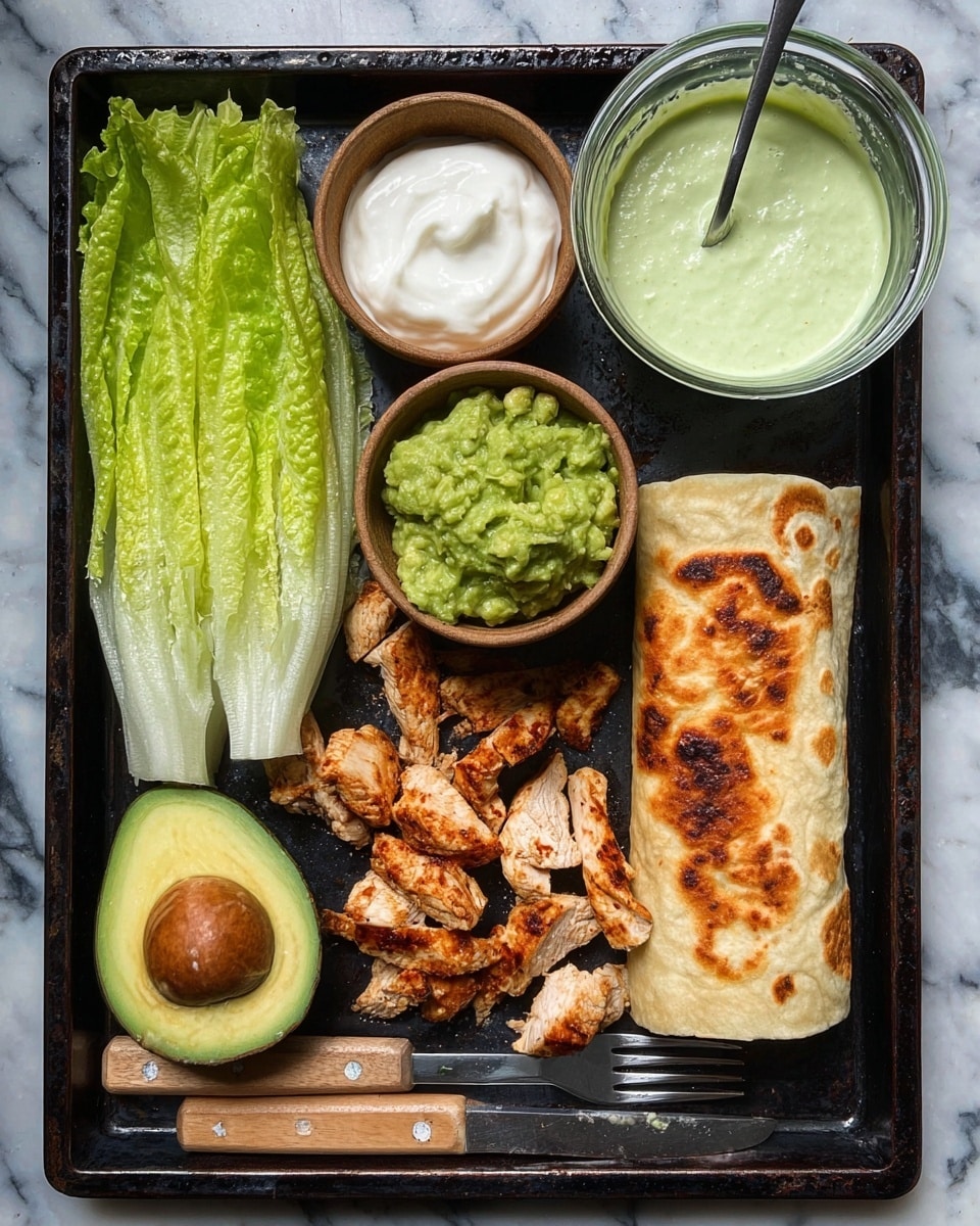 The image shows a black baking tray with several food items arranged on it. On the left side, there are four bright green romaine lettuce leaves stacked vertically, with a half avocado below them showing its green flesh and brown seed. Next to the avocado, a small wooden bowl holds white sour cream. Above the sour cream is another wooden bowl filled with chunky green guacamole. To the right of the bowls, there are several pieces of cooked chicken strips with a light brown color and some darker grilled spots. On the far right side of the tray, in the middle, lies a golden-brown toasted wrap with darker browned patches on the top surface. Above the wrap, there is a glass bowl filled with a pale green creamy sauce with a spoon inside. Next to this bowl, a fork and knife with wooden handles rest on the tray. The tray is placed on a white marbled surface. photo taken with an iphone --ar 4:5 --v 7