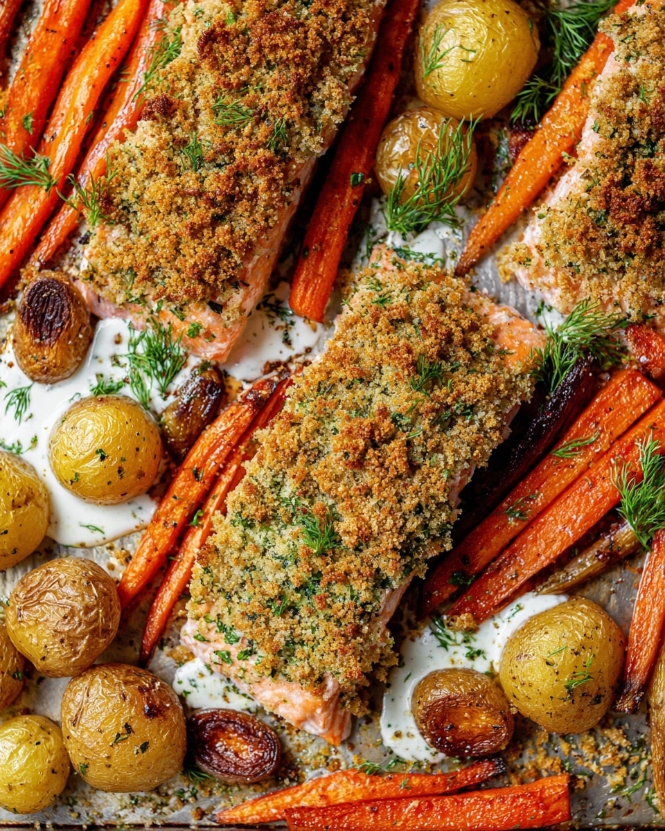 The image shows three pieces of salmon fillet with a thick, crispy golden-brown crumb crust sprinkled with green herbs on top, placed on a baking tray. One piece in the front is partially broken to reveal the soft, light pink cooked fish inside with visible layers. Around the salmon are roasted baby potatoes, golden and slightly browned with a rough texture, and long, orange glazed carrot strips. Some fresh dill sprigs and dollops of white creamy sauce with green herbs are scattered on the potatoes and around the fish. There is also a partially visible lemon wedge with its yellow pulp showing. The whole scene is set on a white marbled surface. Photo taken with an iphone --ar 4:5 --v 7