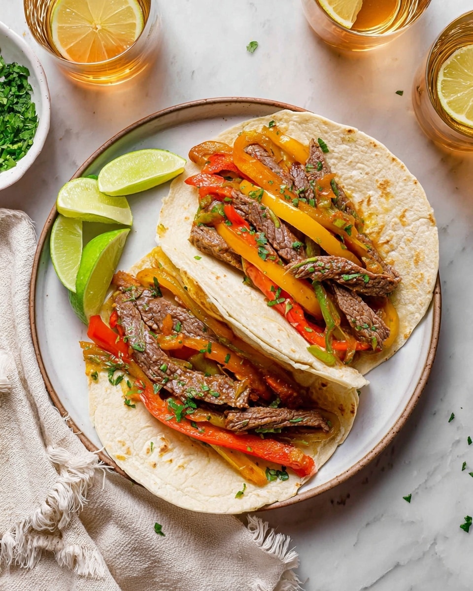 Two soft white tortillas lie open on a white plate, each filled with strips of brown cooked steak placed on top of bright, sautéed bell pepper strips in red, yellow, orange, and green colors. The steak and peppers are sprinkled with small bits of green herbs. On the left side of the plate, three lime wedges with a fresh green color add a bright touch. The plate sits on a white marbled surface with a light folded cloth with frayed edges visible at the bottom left. In the background, a small white bowl with more green herbs and two glasses with a light brown drink and lemon wedges complete the setting. Photo taken with an iphone --ar 4:5 --v 7