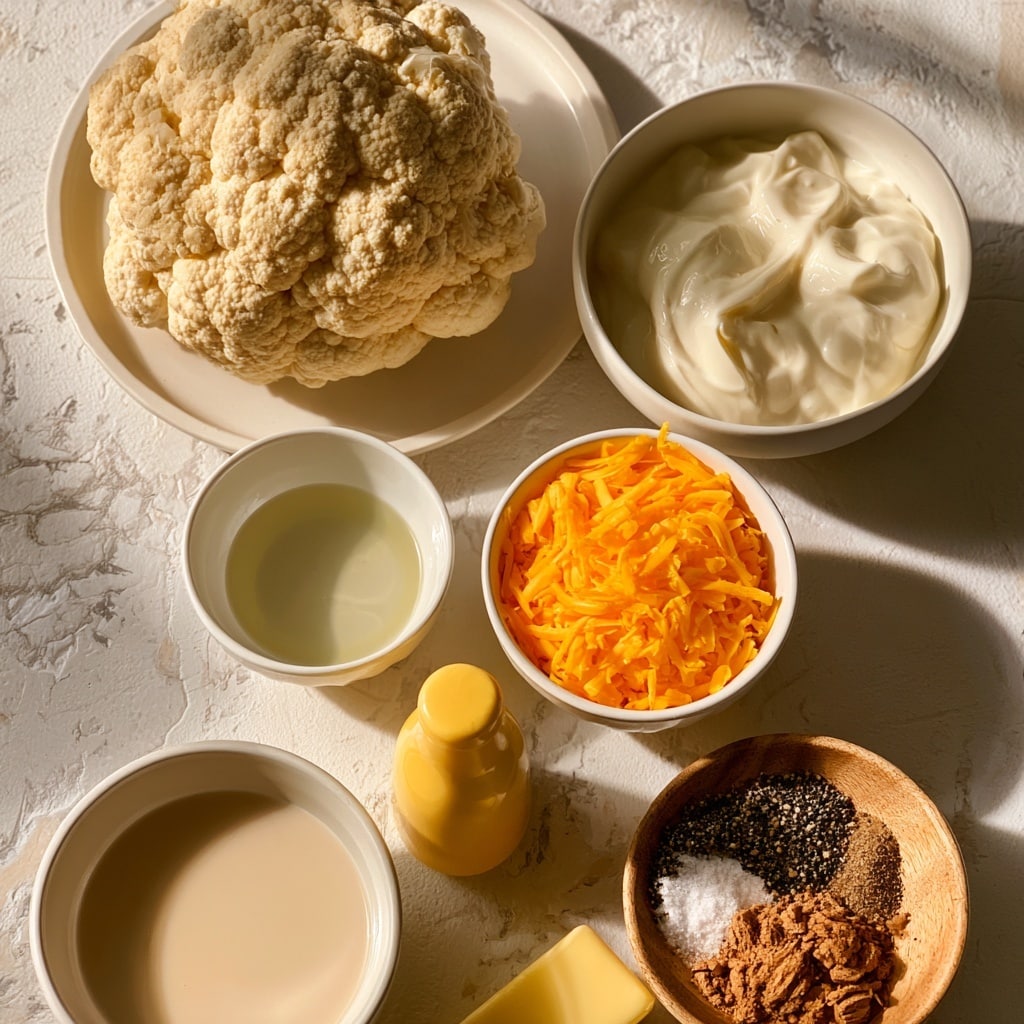 A whole cauliflower with a light cream color and rough texture sits on a white plate in the upper left part of the image; to its right is a white bowl filled with thick, glossy white heavy cream. Below the cauliflower, slightly to the left, is a small white bowl holding pale, translucent olive oil. Next to it, a white bowl is filled with bright, shredded cheddar cheese, showing vibrant orange-yellow hues. Below these, there is a small bottle of yellow butter with a smooth surface. To the left, a white bowl contains creamy almond milk, light beige in color. At the bottom right, a wooden bowl displays a mix of spices in distinct portions: black pepper, white salt, and warm brown nutmeg, all visible in coarse and powder forms. The items are placed on a white marbled textured surface with soft, natural lighting, with shadows falling gently around the items. photo taken with an iphone --ar 4:5 --v 7