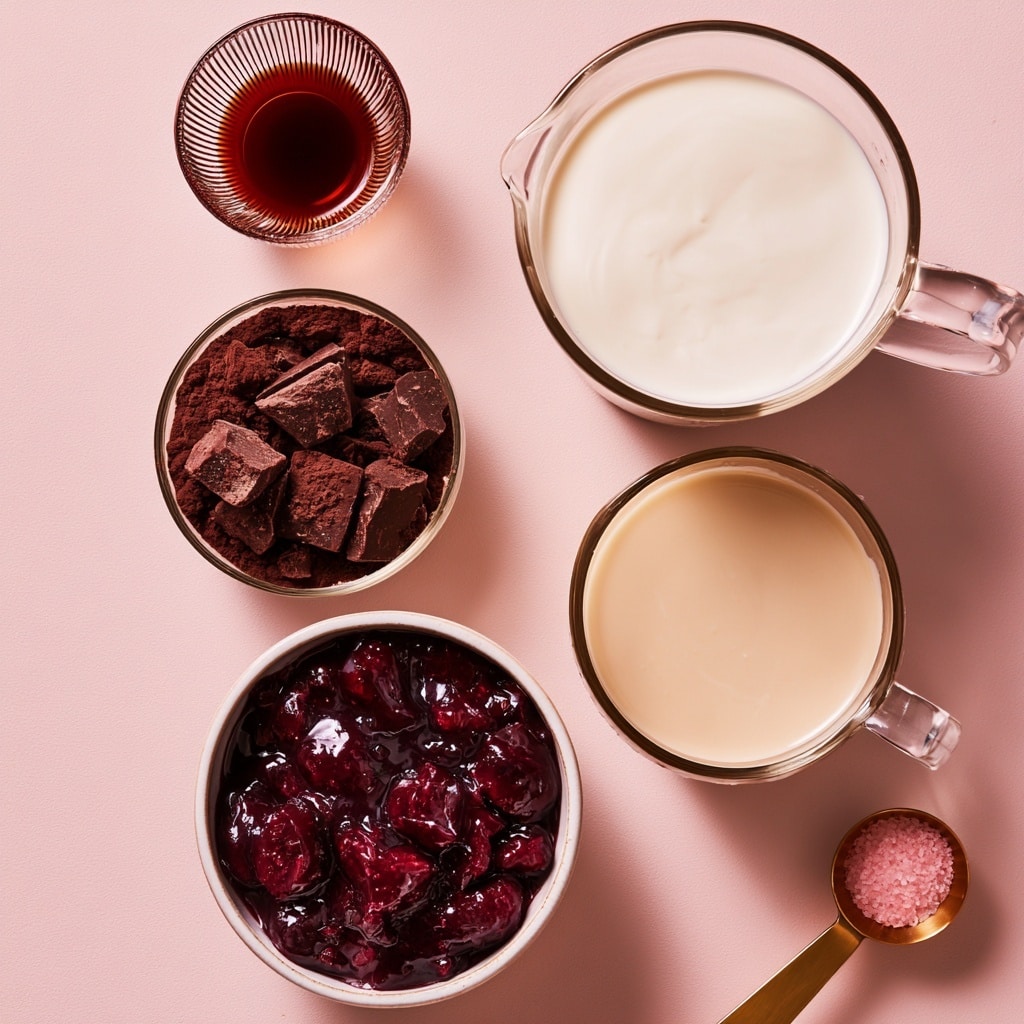The image shows five clear glass containers and one gold measuring spoon on a soft pink background. In the top right, there is a large clear measuring cup filled with white heavy cream. Below it, a smaller clear measuring cup holds light beige sugar-free sweetened condensed milk. To the left of the large cream cup, a small round bowl contains dark brown powdery dark chocolate chunks. Below that, a white bowl is filled with a glossy dark red sugar-free cherry pie filling with visible fruit pieces. At the top left, a small ribbed glass bowl holds dark amber vanilla extract. On the bottom right, a gold measuring spoon marked
