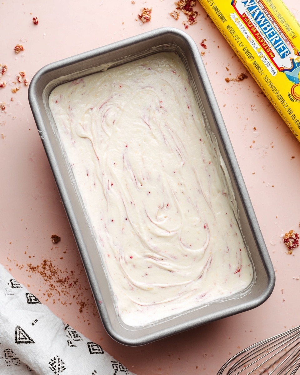 A grey metal rectangular pan filled with one thick layer of smooth white cream that has tiny brown dots and red swirls mixed gently on the surface. The pan is placed on a light pink background with some small brown crumbs scattered nearby. To the top right, there is a yellow box of plastic wrap with bright red, blue, and white text visible. At the bottom left corner, a white cloth with small black diamond and dot patterns is partially visible. The edge of a whisk with white batter is seen at the bottom right photo taken with an iphone --ar 4:5 --v 7