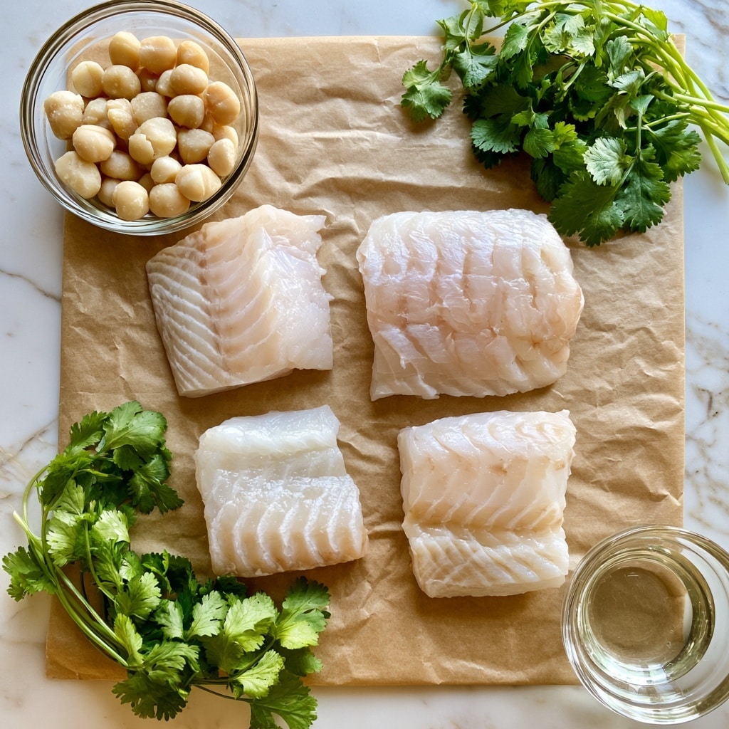 The image shows four raw cod filets placed on a sheet of brown parchment paper on a white marbled surface, arranged in a loose square with varying shapes and textures. To the top left of the filets, there is a small clear glass bowl filled with round, pale beige macadamia nuts. Fresh, bright green cilantro leaves with stems are scattered in two bunches, one near the bottom left and the other at the top right of the parchment paper. At the bottom right, a small clear glass bowl contains transparent coconut oil. The overall scene is bright with natural light, and the textures of the fish, nuts, and fresh herbs stand out clearly. photo taken with an iphone --ar 4:5 --v 7