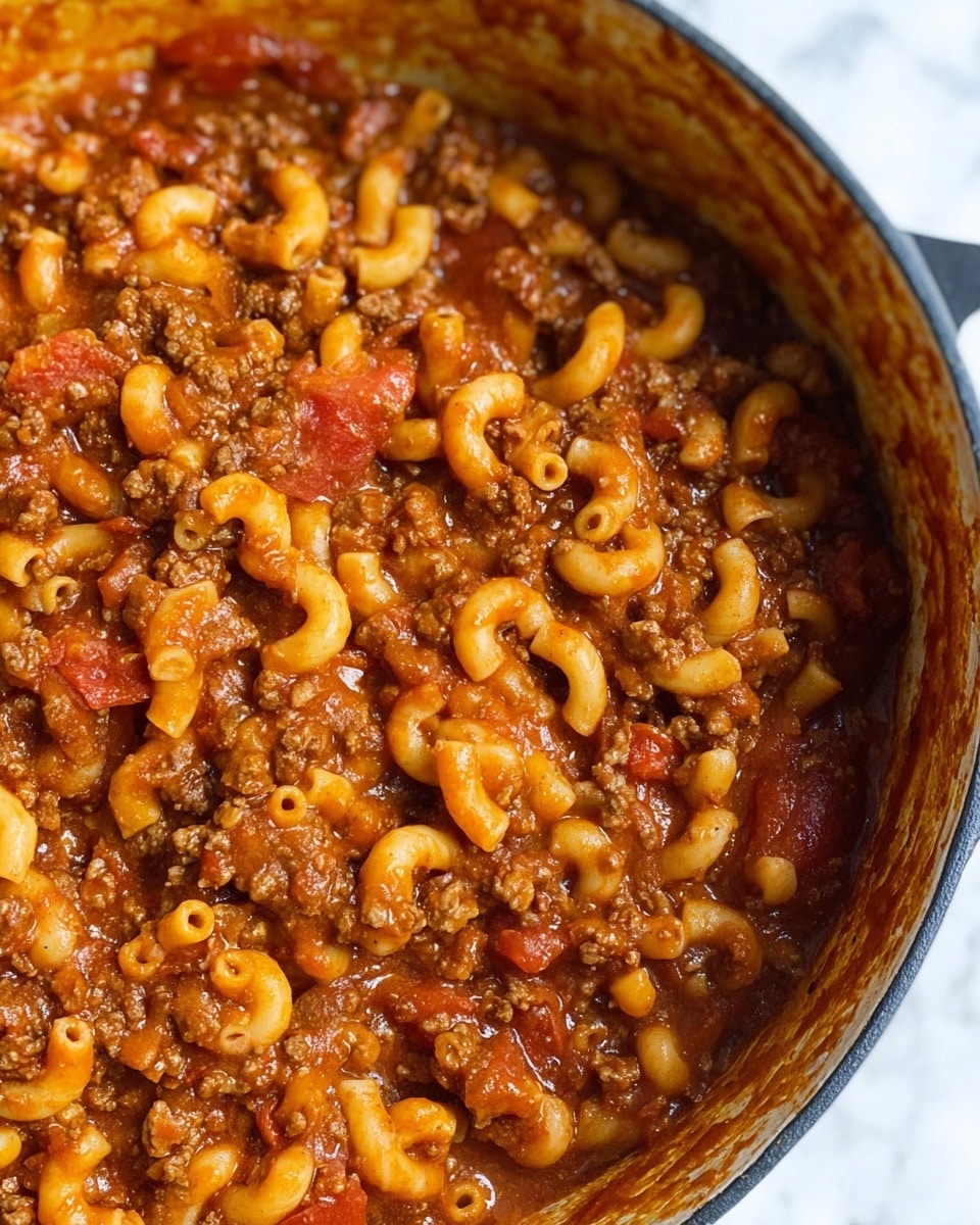 The image shows a close-up of a thick, rich macaroni and meat sauce mixture in a round pot. The dish has one main layer made of small elbow-shaped macaroni pasta mixed evenly with browned ground meat and chunky red tomato pieces, all coated in a glossy reddish-brown sauce. The pot has a dark edge, and the food fills the pot almost to the top, with sauce stains visible on the sides inside the pot. The background is a white marbled texture. Photo taken with an iphone --ar 4:5 --v 7
