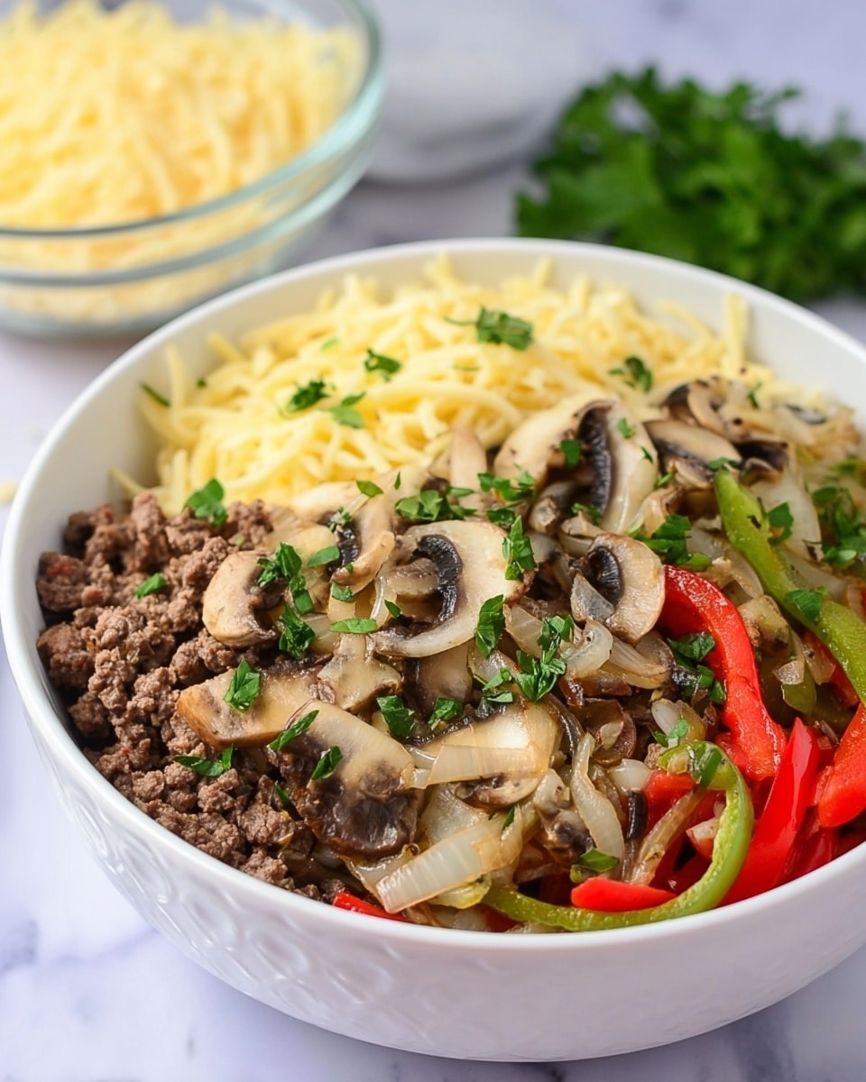 In a white bowl, there is a layered dish starting with a base of cooked minced meat in a brownish color, mostly on one side. On top of the meat, there is a layer of melted shredded cheese in a light yellow tone. Next to the meat, there is a colorful mix of sautéed vegetables including sliced mushrooms in light brown with dark spots, red and green bell pepper strips, and translucent cooked onions. The whole dish is sprinkled with chopped fresh green herbs. The background is a white marbled surface, and there is a blurred glass bowl with shredded cheese in the back. photo taken with an iphone --ar 4:5 --v 7