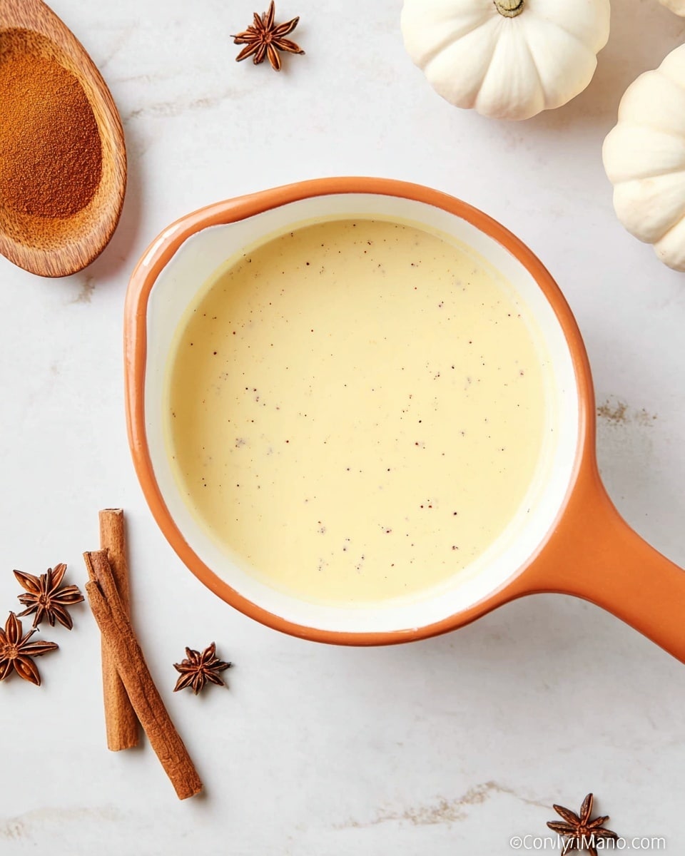 The image shows a white saucepan with an orange rim and handle, filled with a smooth, creamy light yellow mixture with tiny dark specks throughout. The saucepan is placed on a white marbled surface. Around it, there are whole star anise pieces, a cinnamon stick, and a small wooden dish filled with ground cinnamon. White pumpkins are partially visible at the edges of the frame, creating an autumn feel. The lighting is bright and natural, highlighting the textures clearly. Photo taken with an iphone --ar 4:5 --v 7
