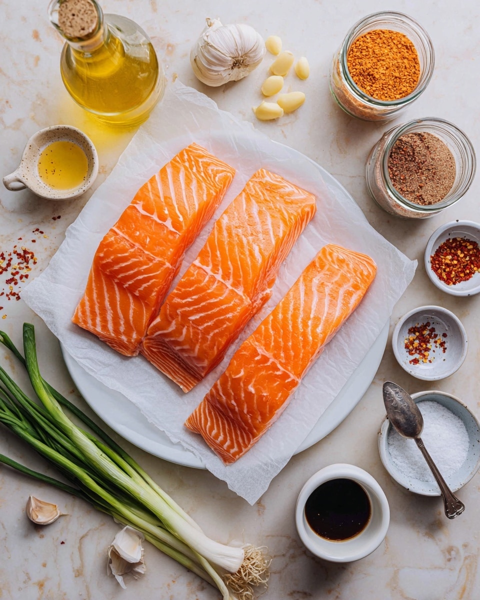 Five bright orange pieces of raw salmon with white lines lie on white wax paper over a white plate. Around it are cooking ingredients on a white marbled surface: a glass bottle of light yellow oil, glass jars with orange and brown spices, peeled garlic, green onions, a small white jug of mustard, a small white bowl of coarse salt, a small white bowl with black pepper, a small bowl with red chili flakes and a spoon, and a small white cup with dark liquid. Photo taken with an iphone --ar 4:5 --v 7