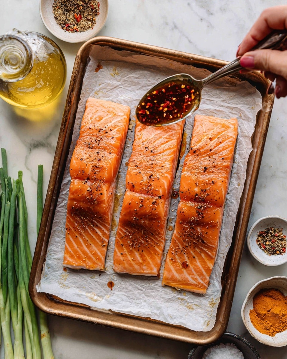 Four pieces of bright orange salmon fillets with white fat lines are placed side by side on a baking tray lined with white parchment paper. The top surfaces of the fillets are sprinkled with dark spices and black pepper, while a spoon held by a woman's hand is pouring a glossy, dark brown sauce with red chili flakes over the second fillet from the top. Around the tray, on the white marbled surface, there are green onions on the left, small white dishes with ground black pepper and salt near the bottom, a glass bottle of yellow oil on the top left, and small containers of orange and yellow spices scattered nearby. photo taken with an iphone --ar 4:5 --v 7