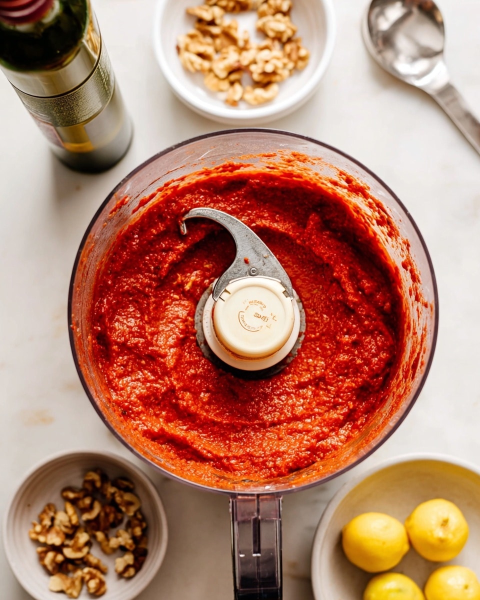 A clear food processor bowl filled with a thick, bright red sauce with a slightly rough texture, showing small bits and a bit of shine, centered around a curved blade in the middle. The bowl sides are coated unevenly with the sauce. Around the food processor on a white marbled surface, there are three small white bowls: one with broken walnut pieces, one with walnut halves and a silver measuring spoon, and one with small yellow lemons cut in half. A tall olive oil bottle with a dark green cap stands behind the food processor. Photo taken with an iphone --ar 4:5 --v 7