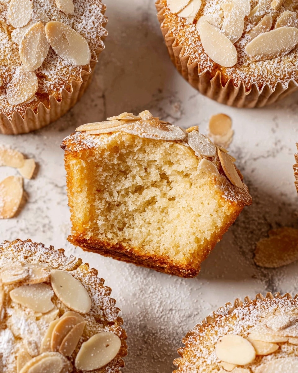 The image shows several light golden brown almond cupcakes on a white marbled surface. Each cupcake has a round shape with a slightly rough top covered in thin, pale toasted almond slices and a dusting of white powdered sugar. One cupcake in the center is missing a piece, revealing a soft, moist, crumbly inside with a dense texture and light golden color. The cupcake liners are a soft brown color, adding contrast to the light toppings. The overall scene has a cozy, inviting look with a focus on the texture of the almond slices and powdered sugar. photo taken with an iphone --ar 4:5 --v 7