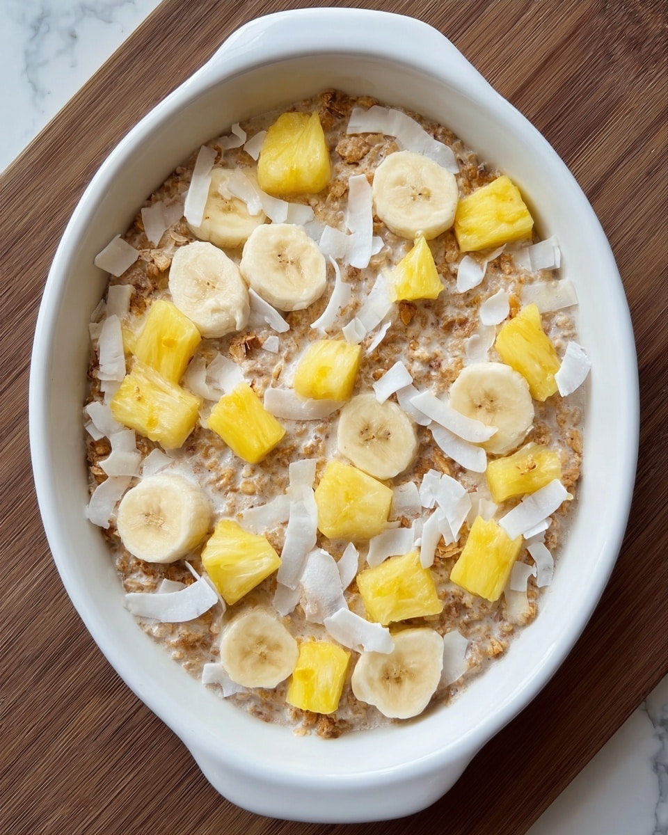 A white oval dish holds a layered breakfast mix. The bottom layer is creamy oatmeal with a light brown color. On top of that, there are round banana slices with a soft yellowish-tan color spread evenly. Scattered among the bananas are bright yellow pineapple chunks cut into small squares. The top layer is thin white coconut flakes spread all over the dish. The dish is placed on a white marbled surface. photo taken with an iphone --ar 4:5 --v 7