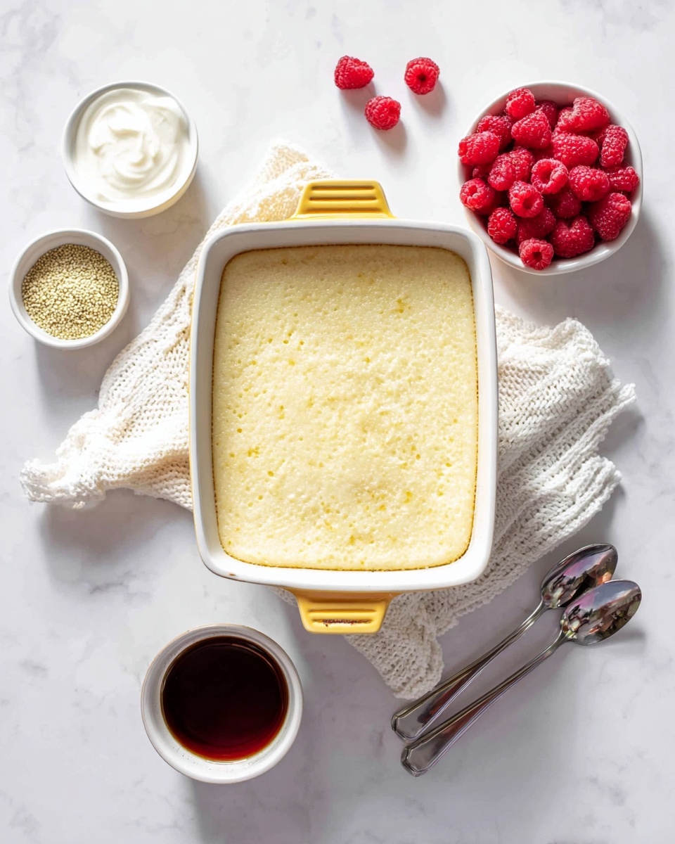 A square white baking dish with yellow handles contains a single layer of light golden creamy rice pudding with a slightly textured surface. It is placed on a white knitted cloth on a white marbled surface. To the right above the dish, there is a small white bowl filled with bright red fresh raspberries, with a few raspberries scattered nearby. On the left side, there is a small white bowl with a thick white cream, and below it, another small white bowl holds light green hemp seeds. Below the baking dish, there is a small white container filled with dark brown liquid, next to two metal spoons resting on the cloth. The scene is brightly lit and clean. photo taken with an iphone --ar 4:5 --v 7