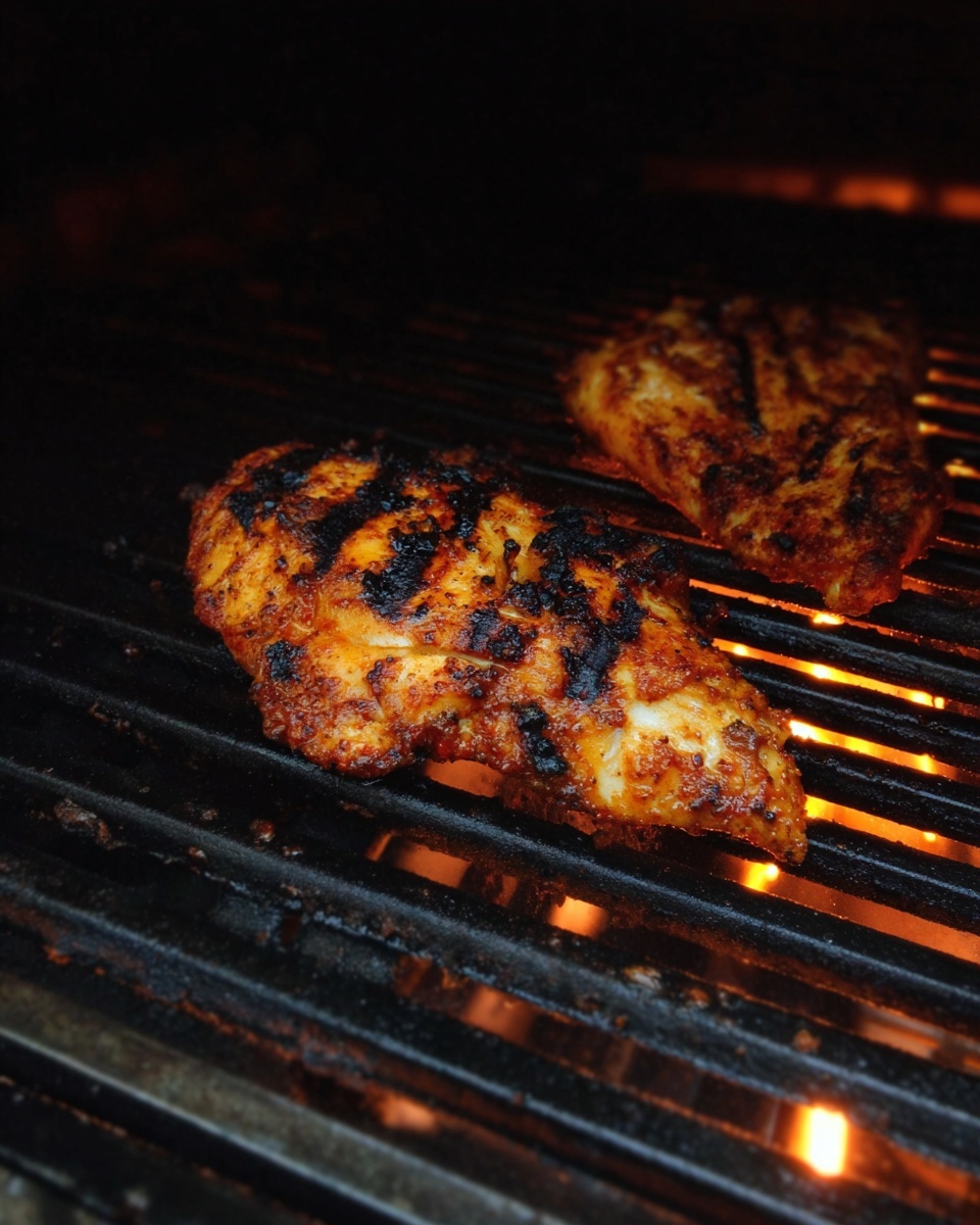 Two grilled chicken pieces with a golden brown color and black burnt grill marks sit on metal grill bars, with glowing orange fire visible beneath. The chicken pieces have a slightly rough texture, showing a mix of cooked and charred areas spread unevenly across the surface. The background is dark, emphasizing the glowing fire under the grill. photo taken with an iphone --ar 4:5 --v 7
