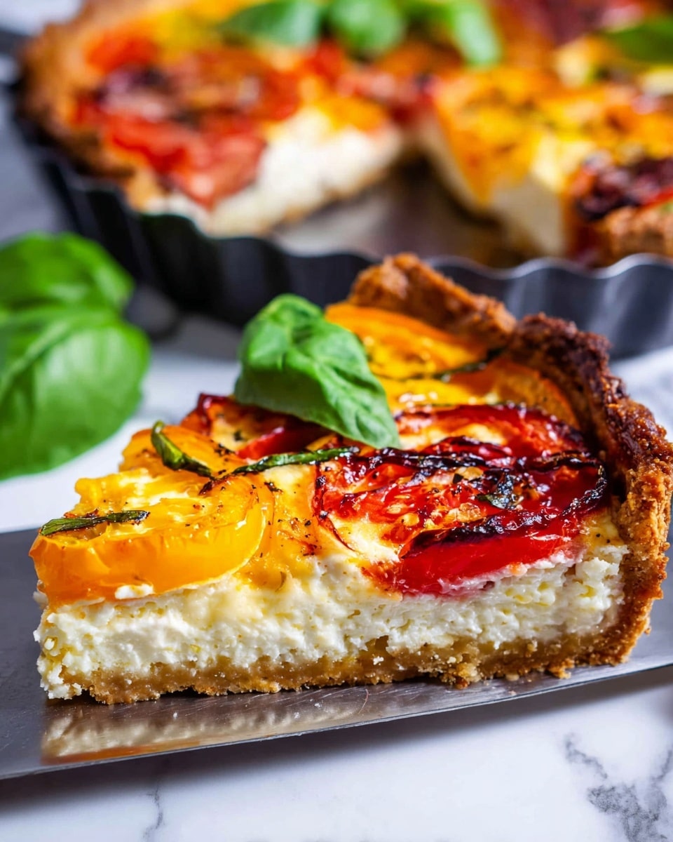 A slice of baked quiche shows three main layers: a golden brown crust at the bottom edging up the sides with a firm texture, a thick white creamy cheese layer in the middle, and a colorful top layer with bright yellow and red tomato slices slightly roasted and caramelized on top. Fresh green basil leaves are placed on top as garnish, adding a fresh contrast to the warm colors. The quiche slice is on a metal spatula, and behind it is the rest of the quiche in a dark baking dish, resting on a white marbled surface. Photo taken with an iphone --ar 4:5 --v 7