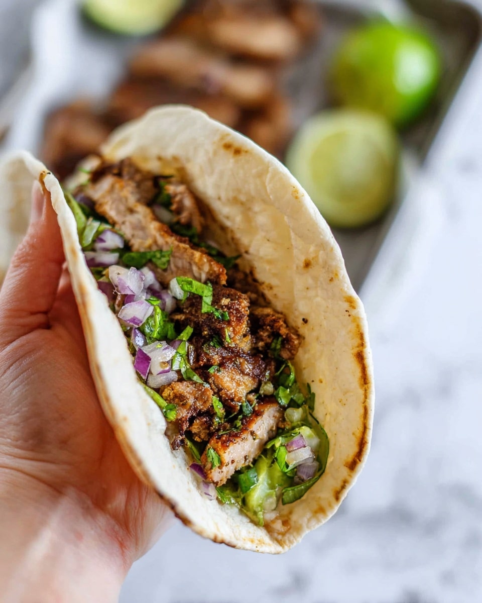 A close-up of a woman's hand holding a soft tortilla folded in half, filled with three layers: the bottom layer has grilled light brown meat with a slightly crispy texture, the middle layer shows small pieces of fresh green vegetables and chopped purple/red onions, and the top layer has finely chopped green herbs. The background features a blurred white marbled surface with a tray holding more pieces of grilled meat and lime wedges. Photo taken with an iphone --ar 4:5 --v 7