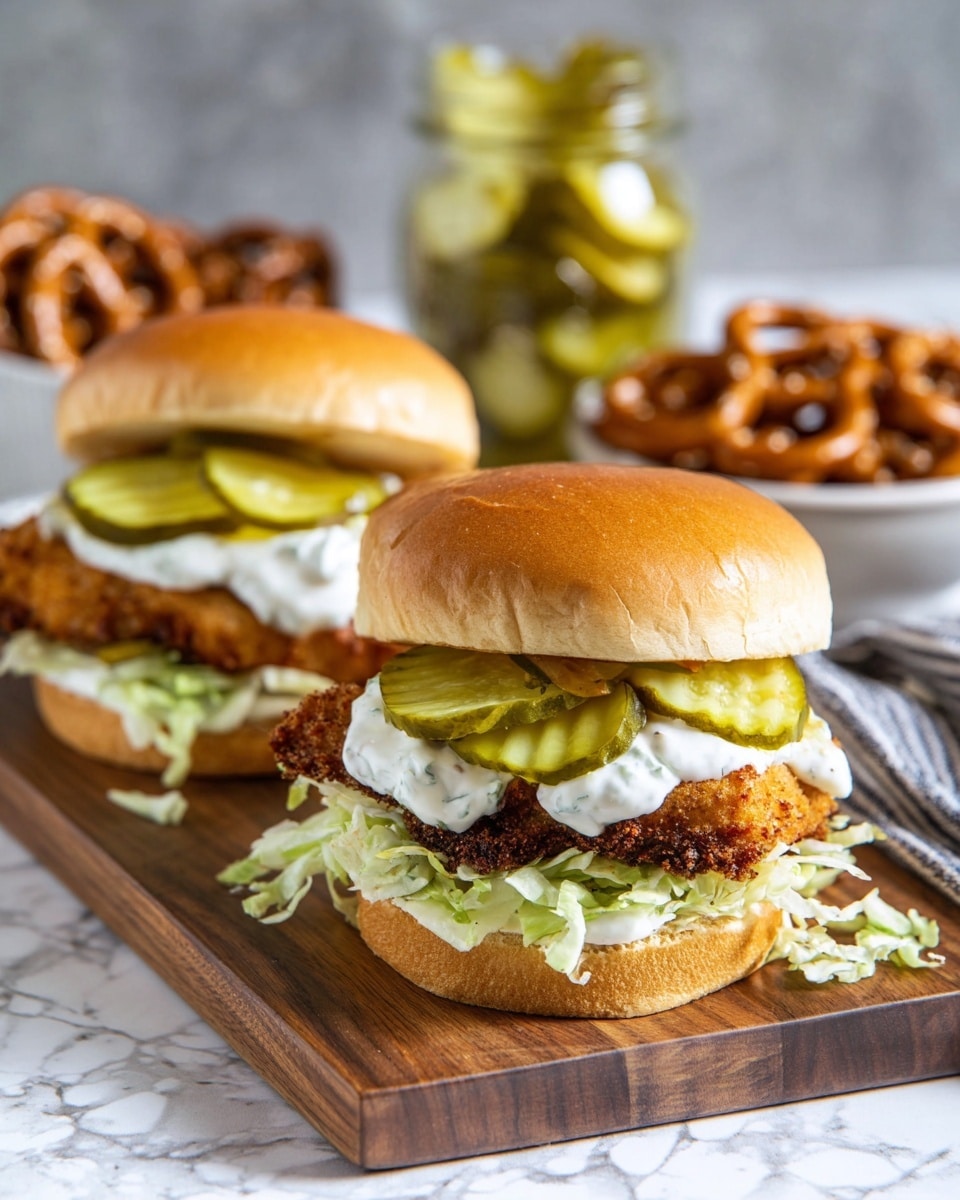 A close-up of a sandwich sitting on a wooden board with a white marbled background. The sandwich has four main layers: starting at the bottom, there is a toasted soft brown bun, topped with shredded light green lettuce with a spread of thick white sauce mixed in. Above that is a large, crispy, golden-brown breaded patty with a crunchy texture. On top of the patty, there are several slices of pale green pickles, covered with dollops of white creamy sauce with black specks. The sandwich is finished with a shiny, smooth, golden-brown soft top bun. In the blurred background, there is a clear glass jar filled with sliced pickles. photo taken with an iphone --ar 4:5 --v 7
