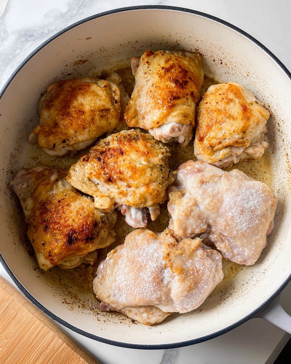 Inside a white pot, six chicken thighs are cooking side by side. Four pieces on the upper and left side are golden brown with a bit of light crisp on top, showing cooked textures and some darker seasoning spots. The two pieces on the lower right side are raw, pale pink with a light dusting of flour. The pot has a black rim and sits on a white marbled surface with part of a wooden board visible in the bottom left corner. The scene is bright and natural, focused closely on the chicken thighs photo taken with an iphone --ar 4:5 --v 7