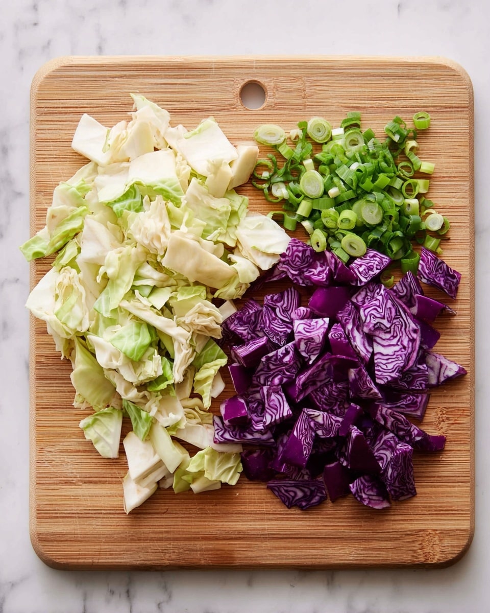 On a light brown wooden cutting board placed on a white marbled surface, there are three different chopped vegetables arranged in clusters. On the left side is a pile of white and pale green cabbage pieces with thick, uneven shapes. To the right of it is a small group of sliced green onions, showing bright green rings and white ends. On the far right, there is a large heap of chopped deep purple cabbage with white veins, broken into medium-sized chunks. The overall image shows a neat, colorful arrangement of fresh chopped vegetables. photo taken with an iphone --ar 4:5 --v 7