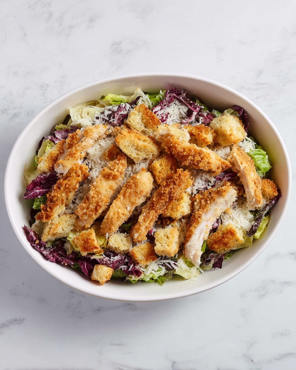 An oval white bowl sits on a white marbled surface, filled with a salad that has three clear layers. The bottom layer is a mix of green and purple lettuce, visible around the edges. On top of the lettuce, a layer of finely grated light cheese is spread evenly. The top layer consists of pieces of golden-brown breaded chicken strips arranged closely together, mixed with small, light brown croutons scattered all over. The texture of the chicken looks crispy, and the salad has a fresh and crunchy look. Photo taken with an iphone --ar 4:5 --v 7