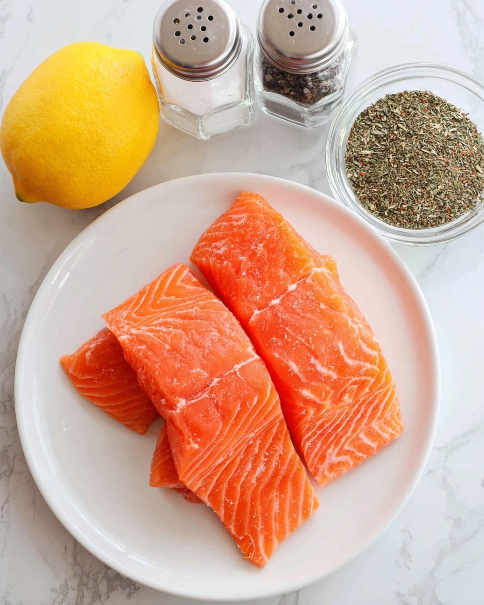 A white plate on a white marbled surface holds three pieces of fresh, bright orange salmon fillets with visible white lines of fat running through them, placed at the bottom half of the plate. To the top left, there is a whole yellow lemon with a textured peel. Next to the lemon are two glass spice jars with silver tops, one containing black pepper and the other salt. To the far right on the plate, there is a small clear glass bowl filled with a mixed green and brown dried herb seasoning. Photo taken with an iphone --ar 4:5 --v 7
