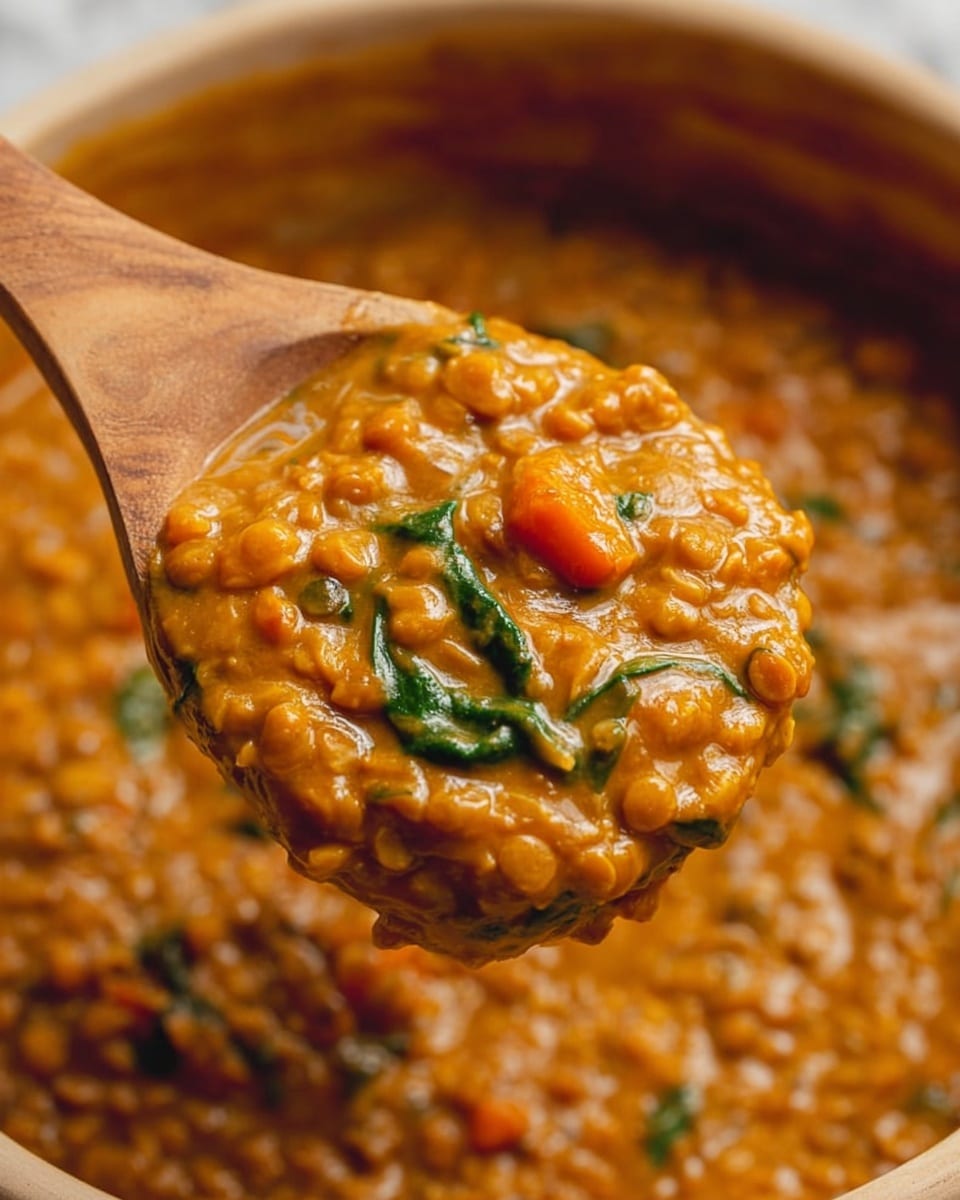 A wooden spoon holds a thick orange-brown stew with visible small chunks of orange carrots, soft green spinach leaves, and round lentils mixed throughout its creamy texture. The stew looks rich and hearty with a slightly glossy surface, showing a mix of smooth sauce and tender vegetables. The background is softly blurred but filled with more of the same thick stew, all set on a white marbled texture. photo taken with an iphone --ar 4:5 --v 7