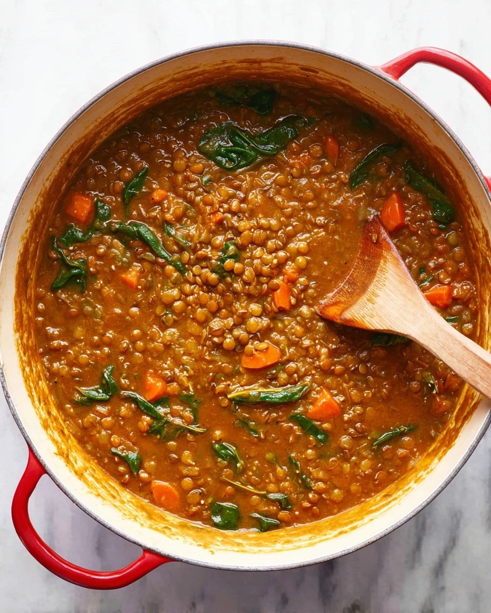 Detox Moroccan Lentil Soup Recipe 5 A thick stew with a warm brown color fills a large white pot with a red handle, showing many small green lentils throughout. Small pieces of orange carrot and dark green spinach leaves are mixed inside the stew. A light wooden spoon rests inside the pot, partially immersed in the stew. The pot sits on a white marbled surface. photo taken with an iphone --ar 4:5 --v 7