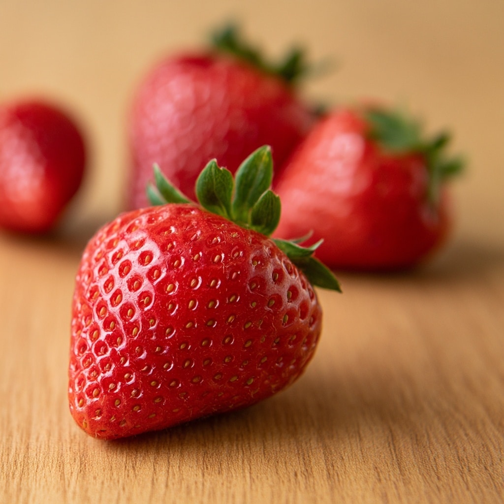 The image shows three fresh strawberries on a smooth brown wooden surface. The closest strawberry is in focus, showing its bright red color with small yellow seeds and a green leafy top. The other two strawberries are blurry in the background, with the middle one mostly red and the farthest one a bit smaller and rounder. The wooden surface has a warm tone and a clean, smooth texture. photo taken with an iphone --ar 4:5 --v 7