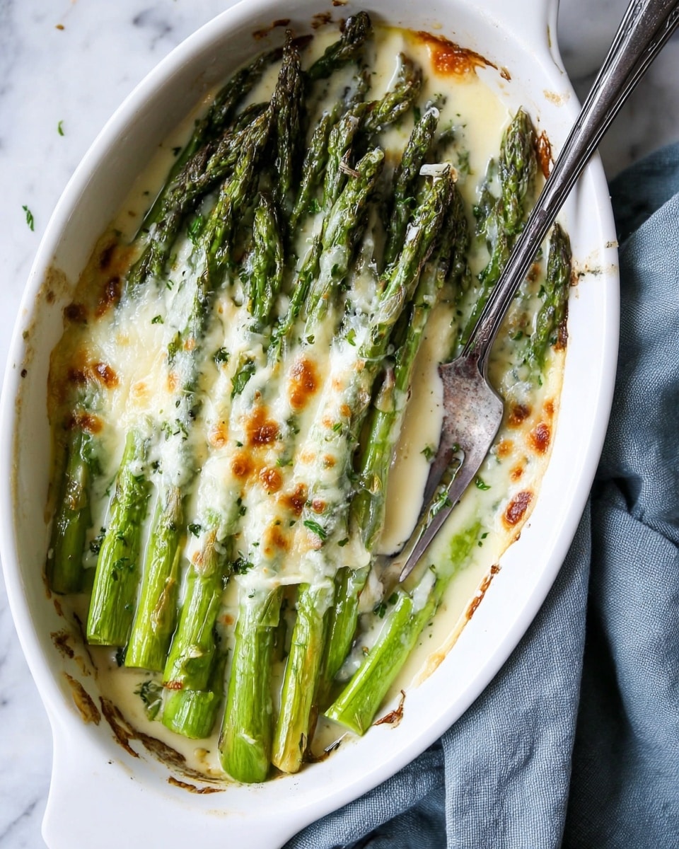 A white oval dish filled with bright green asparagus stalks layered closely side by side, coated partially with melted white cheese that has golden brown spots from baking, and creamy sauce pooling at the bottom. Some asparagus tips are visible poking through the cheese, showing light and dark green colors with a slightly shiny texture. A dark metal fork is placed inside the dish, resting on the asparagus near the right edge. The dish sits on a white marbled surface with a soft blue cloth partially visible to the right. Photo taken with an iphone --ar 4:5 --v 7