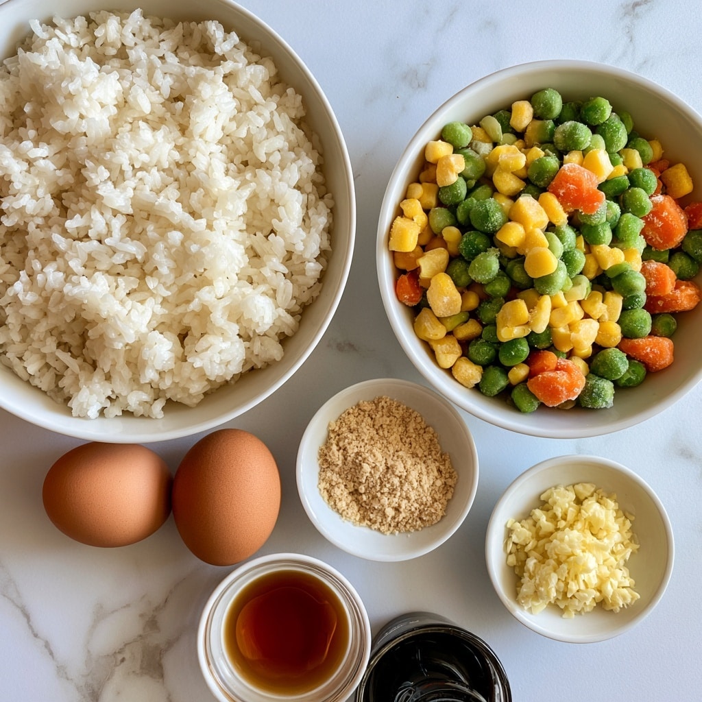 A top view of six ingredients arranged on a white marbled surface: a large white bowl filled with fluffy cooked white rice on the left, a medium white bowl on the right holding a mix of frozen green peas, yellow corn, and orange carrot pieces, two brown organic eggs placed beside each other below the rice bowl, a small white bowl with ground light brown ginger powder next to the eggs, a small white bowl filled with finely minced pale yellow garlic below the ginger powder, a small white bowl with amber-colored toasted sesame oil and a glass container with dark gluten-free soy sauce near the bottom center; each item labeled with clear white tags. photo taken with an iphone --ar 4:5 --v 7