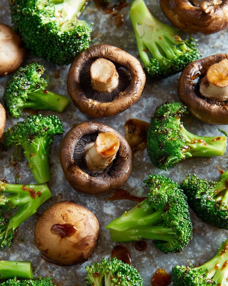 The image shows whole and sliced brown mushrooms and bright green broccoli pieces spread out on a textured surface. The mushrooms have a smooth, slightly shiny texture with some sauce drizzled on top, which adds dark brown and amber highlights. The broccoli is fresh with small, tightly packed florets and firm green stalks, also lightly coated with the same sauce, giving a glossy look. The surface beneath is gray and rough but will be imagined as white marbled for the prompt. photo taken with an iphone --ar 4:5 --v 7