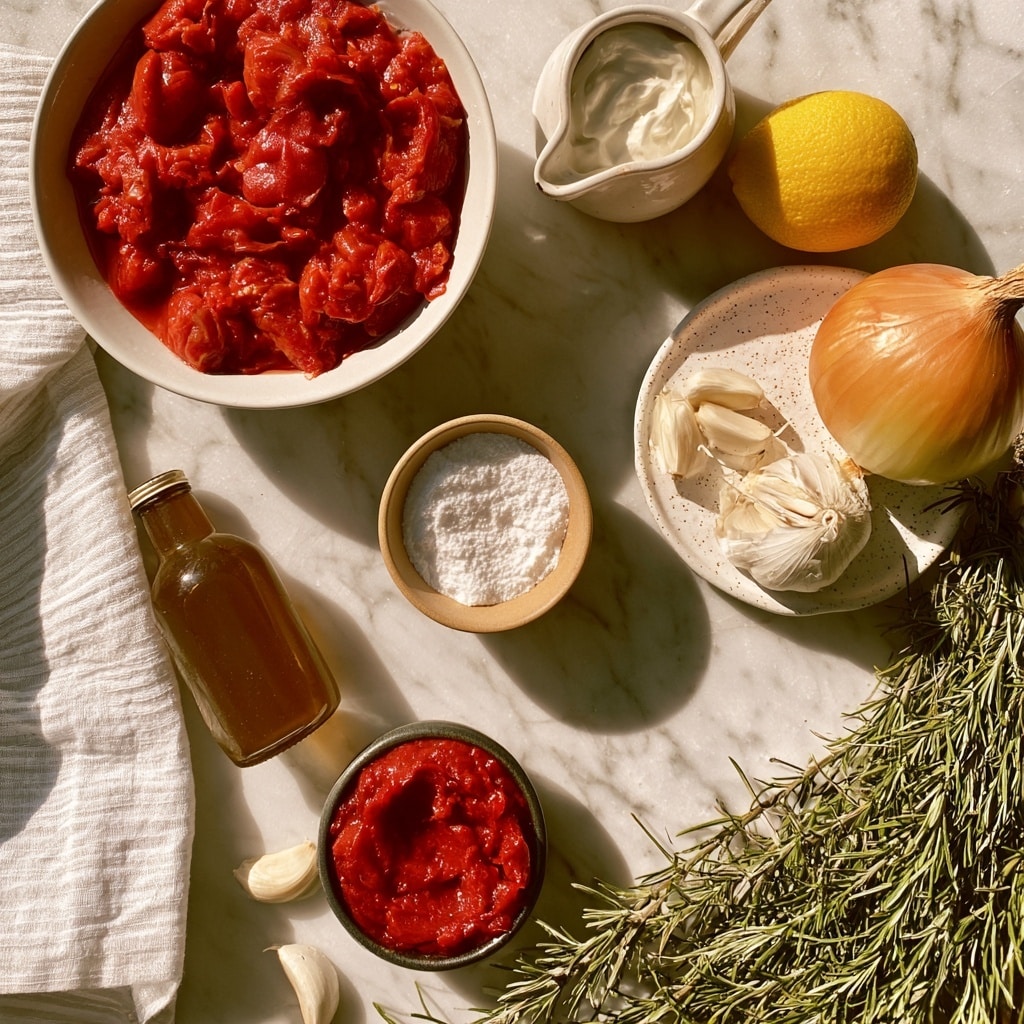 The image shows several fresh and raw ingredients arranged on a white marbled surface. On the left is a white bowl filled with chunky red canned tomatoes. Next to it, in the upper right corner, is a small white pitcher holding creamy white cream. A bright yellow lemon half lies next to the pitcher. Below the lemon is a whole yellow onion with light brown skin. Nearby, a small white speckled plate holds a few garlic cloves and a whole garlic bulb. At the center, a small light brown bowl contains white baking soda powder. To its left is a small brown glass bottle filled with veggie broth. Below the baking soda bowl, there is a small dark bowl filled with thick red tomato paste. Scattered garlic cloves are placed near the bottom. Spread along the bottom right corner is a bundle of green herbs with thin needle-like leaves. A striped white cloth is partially visible on the left edge. The overall setup gives a fresh and natural look with vibrant colors. photo taken with an iphone --ar 4:5 --v 7