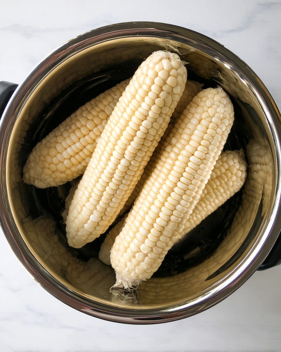 Inside a shiny stainless steel pot, five whole pale yellow corn cobs are stacked. The corn kernels form tight rows and have a smooth, firm texture. The pot is round and metallic with a reflective surface, showing the corn and some parts of the pot in mirror images. The pot itself is placed on a white marbled surface. Photo taken with an iphone --ar 4:5 --v 7