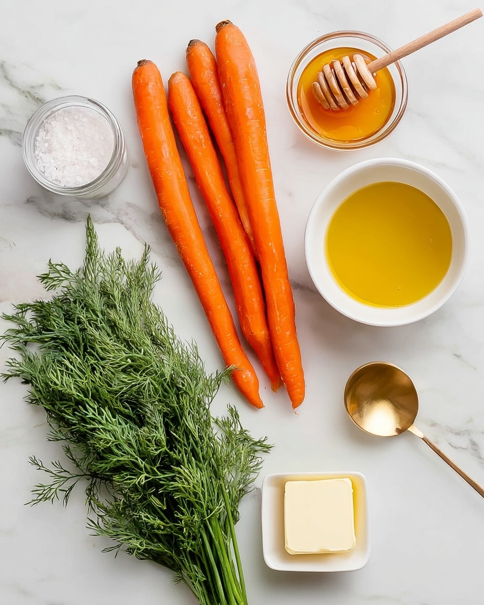 The image shows a cluster of five long, bright orange carrots placed diagonally on the upper left side of a white marbled surface, next to a small clear glass salt shaker. Below the carrots, there is a bunch of fresh green dill with feathery leaves spread out. On the upper right side, there is a small white bowl filled with golden honey, with a wooden honey dipper resting inside. Slightly below and to the right of the honey, a small white square dish holds a pale yellow square of butter. In the center right, a white bowl contains golden olive oil with a golden measuring spoon placed inside it. photo taken with an iphone --ar 4:5 --v 7