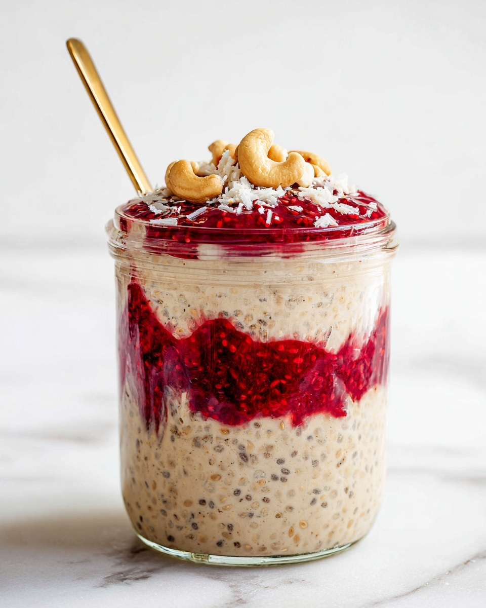 A clear glass jar shows three layers of food: the bottom layer is thick and beige with small dark seeds mixed in, the middle layer is a bright red jam with visible fruit pieces and seeds, and the top layer again is the thick beige mixture with seeds, slightly overflowing. On top, there is a small pile of cashew nuts, a drizzle of red jam, and some white flakes. A gold-colored spoon is placed inside the jar on the left side. The jar sits on a white marbled surface with a bright, soft background. Photo taken with an iphone --ar 4:5 --v 7
