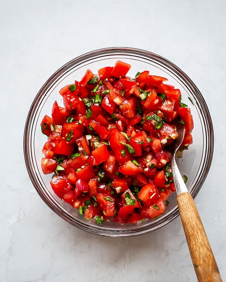 A clear glass bowl filled with chopped red tomatoes and small pieces of green basil leaves mixed together. The tomatoes look fresh and juicy with a shiny texture, and the green basil adds a nice contrast. A spoon with a wooden handle is placed inside the bowl on the right side. The bowl is set on a white marbled textured surface. photo taken with an iphone --ar 4:5 --v 7