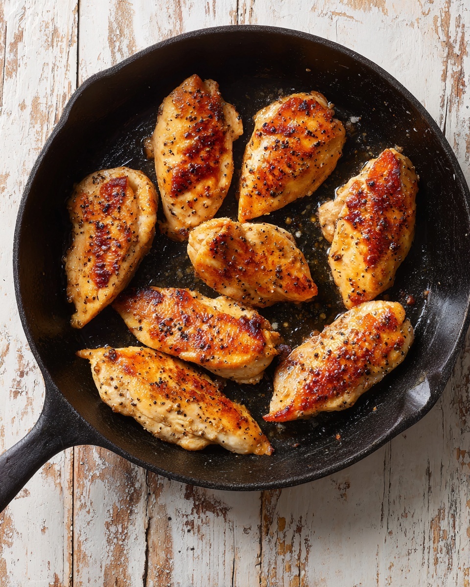 A black cast iron pan holds seven pieces of cooked chicken with a light golden brown color, some with small darker crispy spots, each seasoned with black pepper and salt. The chicken pieces are spread evenly across the pan's surface with one smaller piece near the bottom center. The background is a white marbled surface with rustic wood texture visible through its worn parts. Photo taken with an iphone --ar 4:5 --v 7