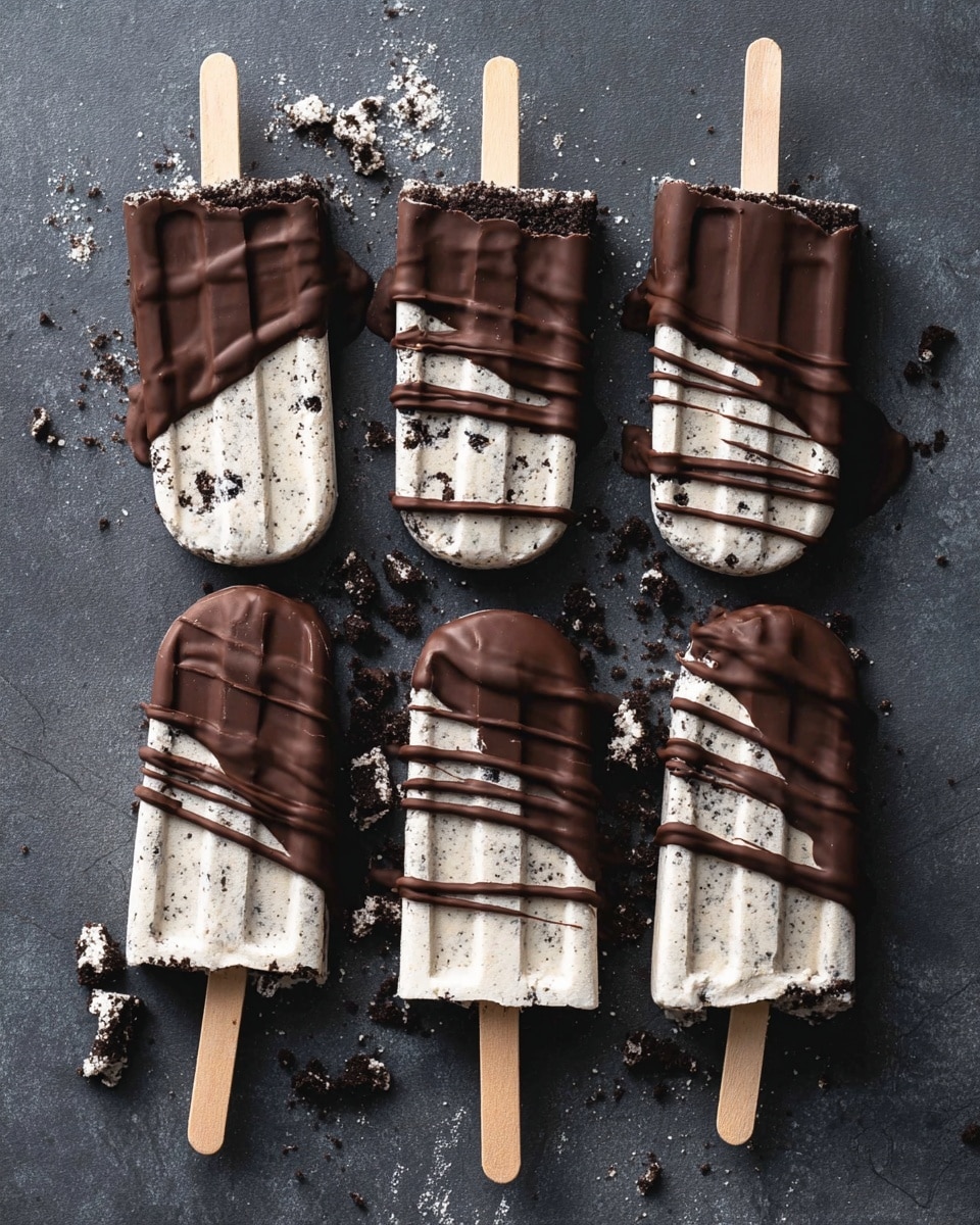 Five ice cream popsicles lie flat on a dark surface scattered with small broken crumbs. Each popsicle has two layers: the bottom layer is creamy white with small dark cookie bits mixed inside, creating a textured look. The top half is coated with smooth, shiny dark chocolate that drips slightly over the white layer, with thin chocolate lines drizzled on top. Each popsicle has a wooden stick on one end. The scene is simple and spread out, showing the detail of the chocolate and cookie pieces clearly. Photo taken with an iphone --ar 4:5 --v 7