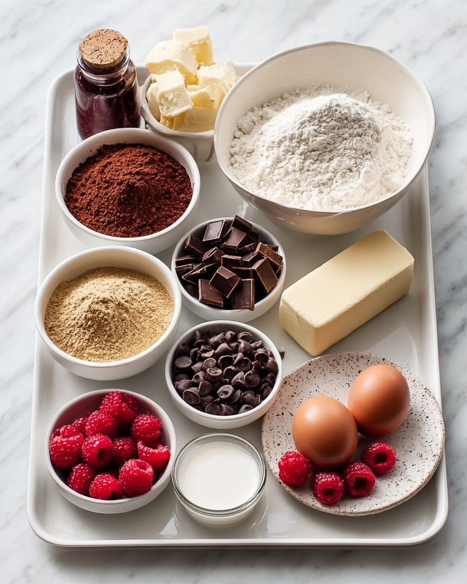 A white tray holds a neat arrangement of small white bowls and a paper-wrapped block of pale butter. The largest bowl in the center has two halves: one side with light brown cocoa powder and the other with white flour. Around it are smaller bowls containing dark brown chopped chocolate pieces, bright red raspberries with a few spilled beside the bowl, glossy dark chocolate chips, light brown sugar, thick white yogurt, and a small amount of red jam. A small dark bottle stands next to the raspberries, and two brown eggs rest on a speckled white plate. The entire tray is set on a white marbled surface. Photo taken with an iphone --ar 4:5 --v 7