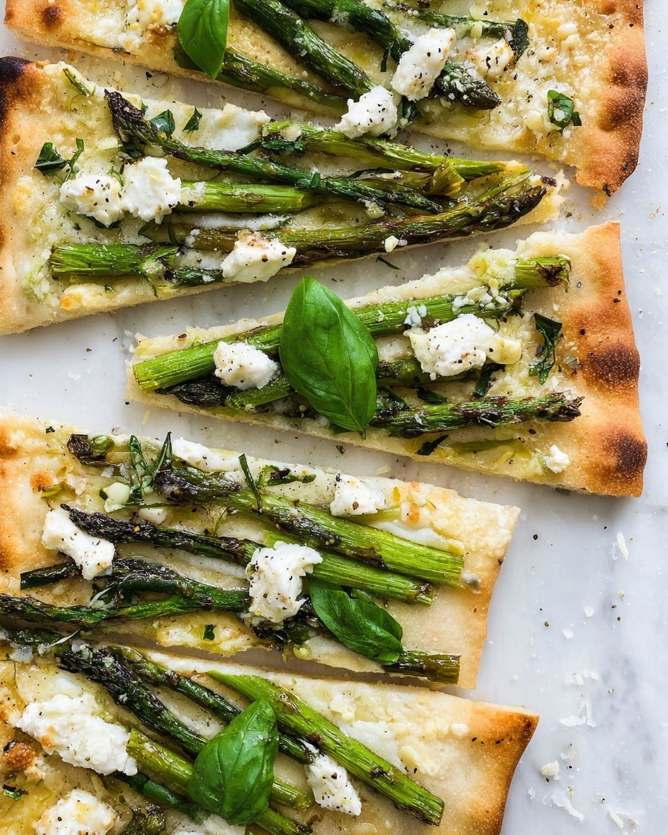 A thin flatbread pizza is shown with a golden brown edge and a light layer of melted white cheese as the base. On top, there are charred green asparagus spears scattered unevenly in different sizes and directions. Dollops of soft white cheese are distributed across the pizza, with visible light browning on some pieces. Fresh green basil leaves add a pop of color, placed near the asparagus. The pizza is sliced into rectangles and rests on a white marbled surface, with some sea salt flakes and cracked black pepper sprinkled lightly over it. Photo taken with an iphone --ar 4:5 --v 7