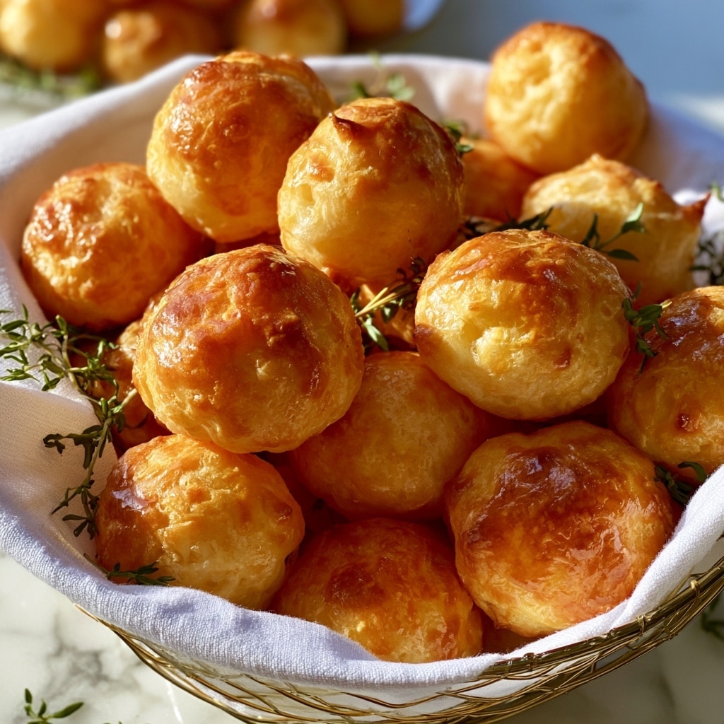 A wire basket lined with a white cloth with gray stripes holds many small round golden-brown baked rolls. The rolls have a shiny and smooth surface with some light cracking, showing a soft texture inside. There are a few small green sprigs of herbs scattered on and around the rolls, adding a fresh touch. The basket sits on a white marbled surface, giving a clean and fresh look. Photo taken with an iphone --ar 4:5 --v 7
