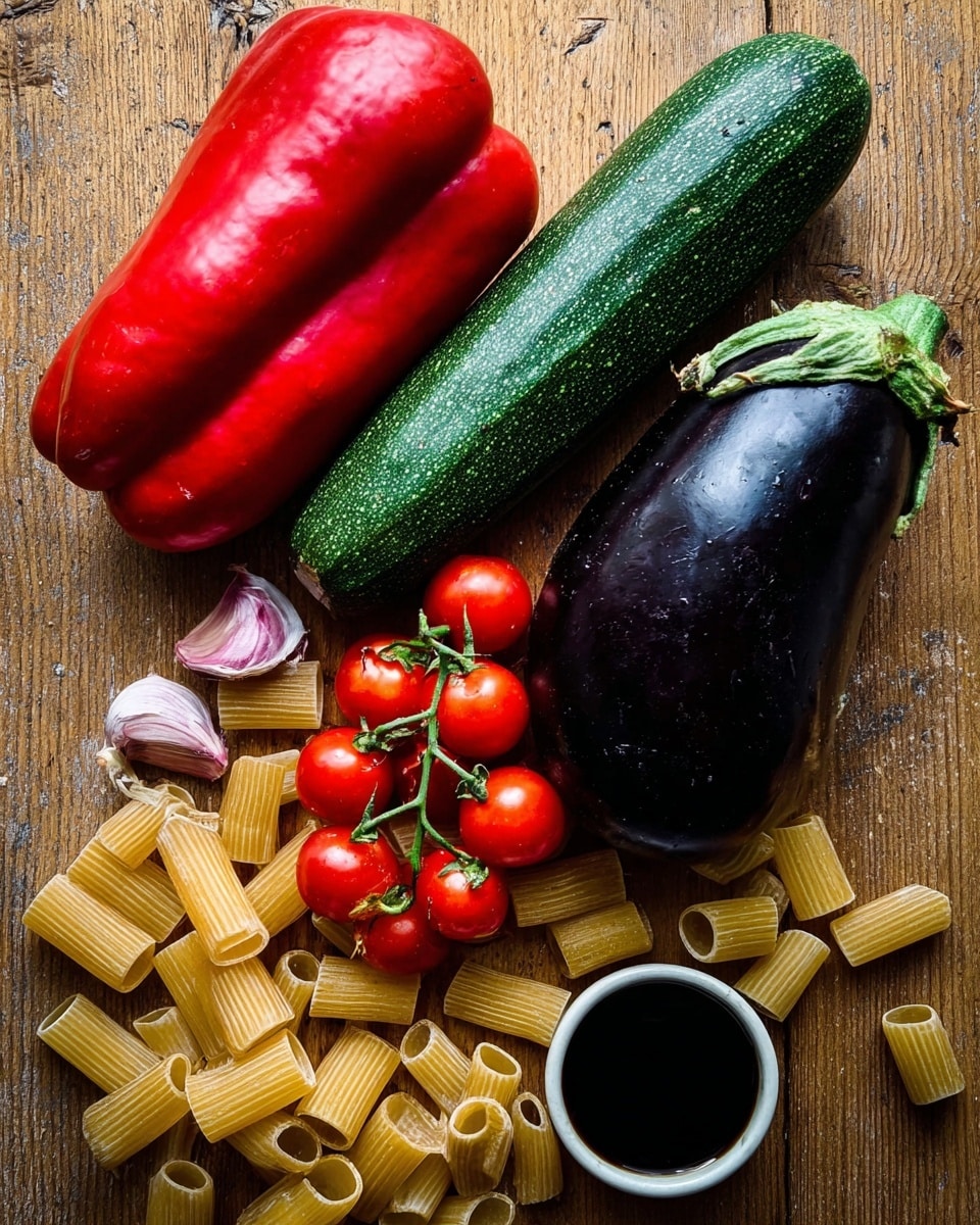 The image shows fresh whole vegetables and pasta arranged on a wooden surface. From top to bottom, there is a large red pepper with a smooth, shiny skin, a long green zucchini with a mildly textured surface, and a glossy dark purple eggplant with a green stem. Below the eggplant, a cluster of small red cherry tomatoes is attached to a green vine. To the left of the tomatoes, there are two cloves of garlic with a light purple tint and a few unbroken dry pasta tubes scattered near the bottom. On the right lower corner, a small round container holds dark liquid, possibly balsamic vinegar. photo taken with an iphone --ar 4:5 --v 7