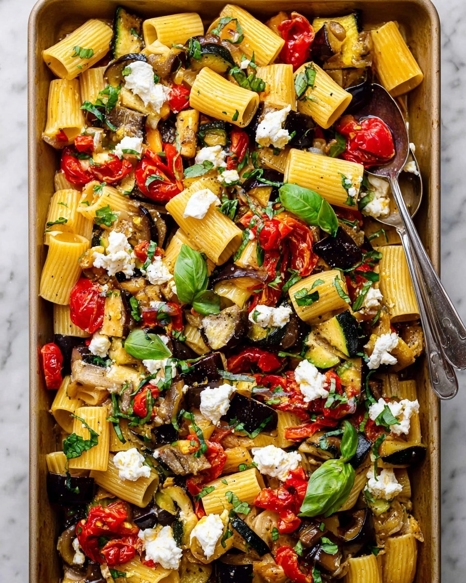 The image shows a tray filled with a colorful pasta dish made of rigatoni pasta tubes layered with chunks of grilled vegetables like zucchini, red bell peppers, and eggplant, all mixed evenly throughout. There are scattered pieces of white cheese crumbled on top along with fresh green basil and parsley leaves, adding a bright color contrast. Some red cherry tomatoes are cooked and mixed in, lending a juicy texture. Two silver spoons rest in one corner of the white marbled background, partially submerged in the mixture, ready to serve. The whole dish has a vibrant and fresh look with a variety of textures and colors. photo taken with an iphone --ar 4:5 --v 7