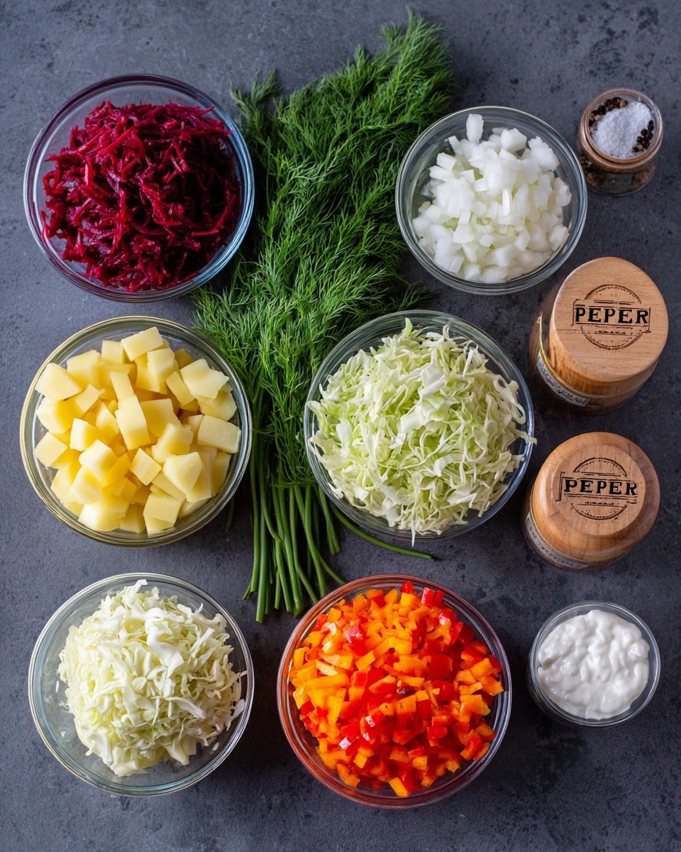 The image shows several small clear glass bowls arranged on a dark gray surface with a bunch of fresh green dill in the middle. The bowls contain different colorful ingredients: shredded deep red beet, chopped white onions, chopped pale yellow potatoes, diced bright red bell pepper, shredded orange carrot, creamy white sour cream, and shredded light green cabbage. To the right side, there are two small round containers labeled