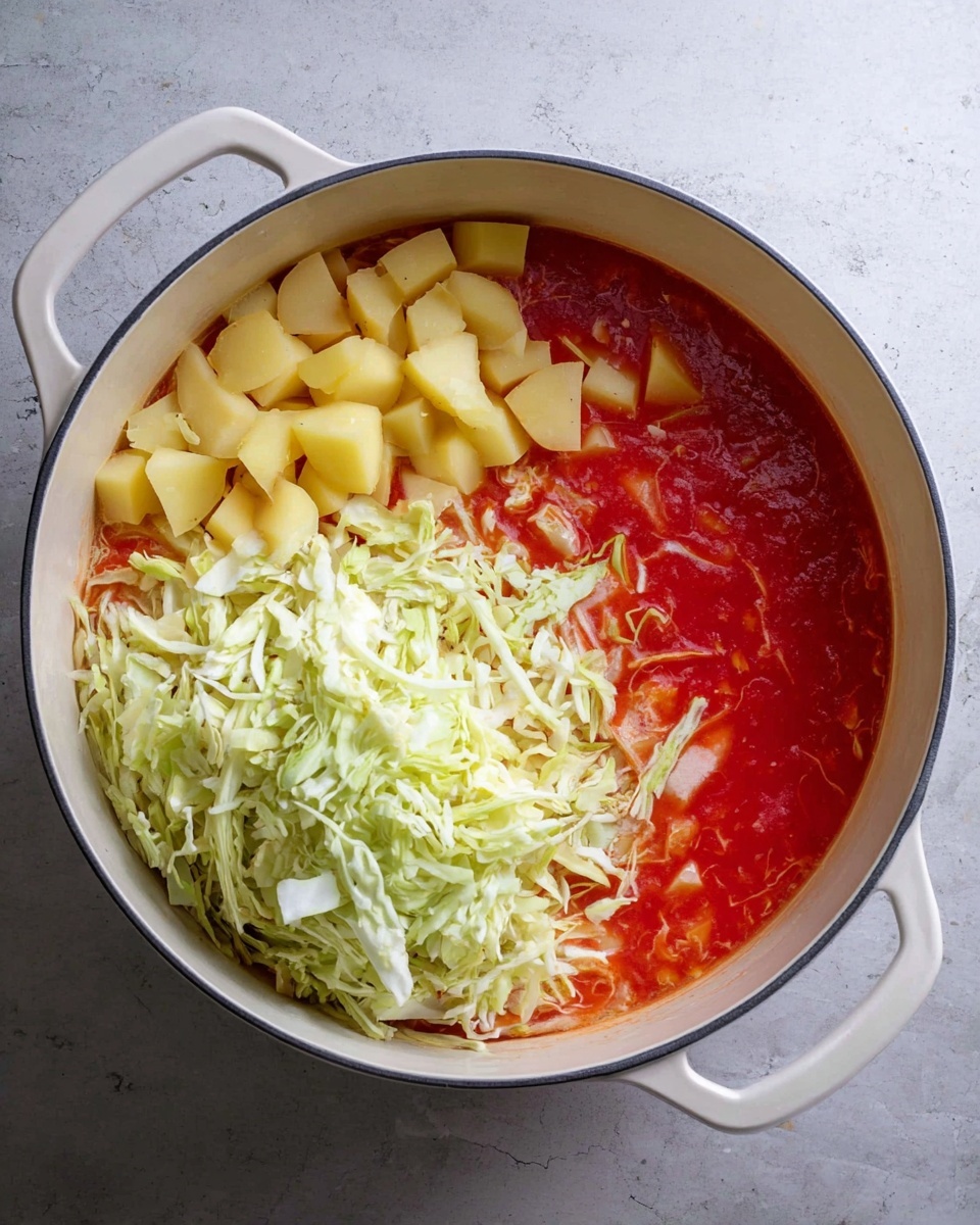 In a round white pot with handles on each side, there is a mix of three main layers. On the right side, there's a liquid layer that is bright red, smooth, and shiny, filling almost half the pot. On the left side, there are chopped pieces of light yellow potato, stacked in a small group near the top edge. Below the potatoes, a large pile of light green shredded cabbage fills the lower left part. The cabbage has thin, soft-looking strips and shows some white inside parts. The pot sits on a white marbled surface. Photo taken with an iphone --ar 4:5 --v 7