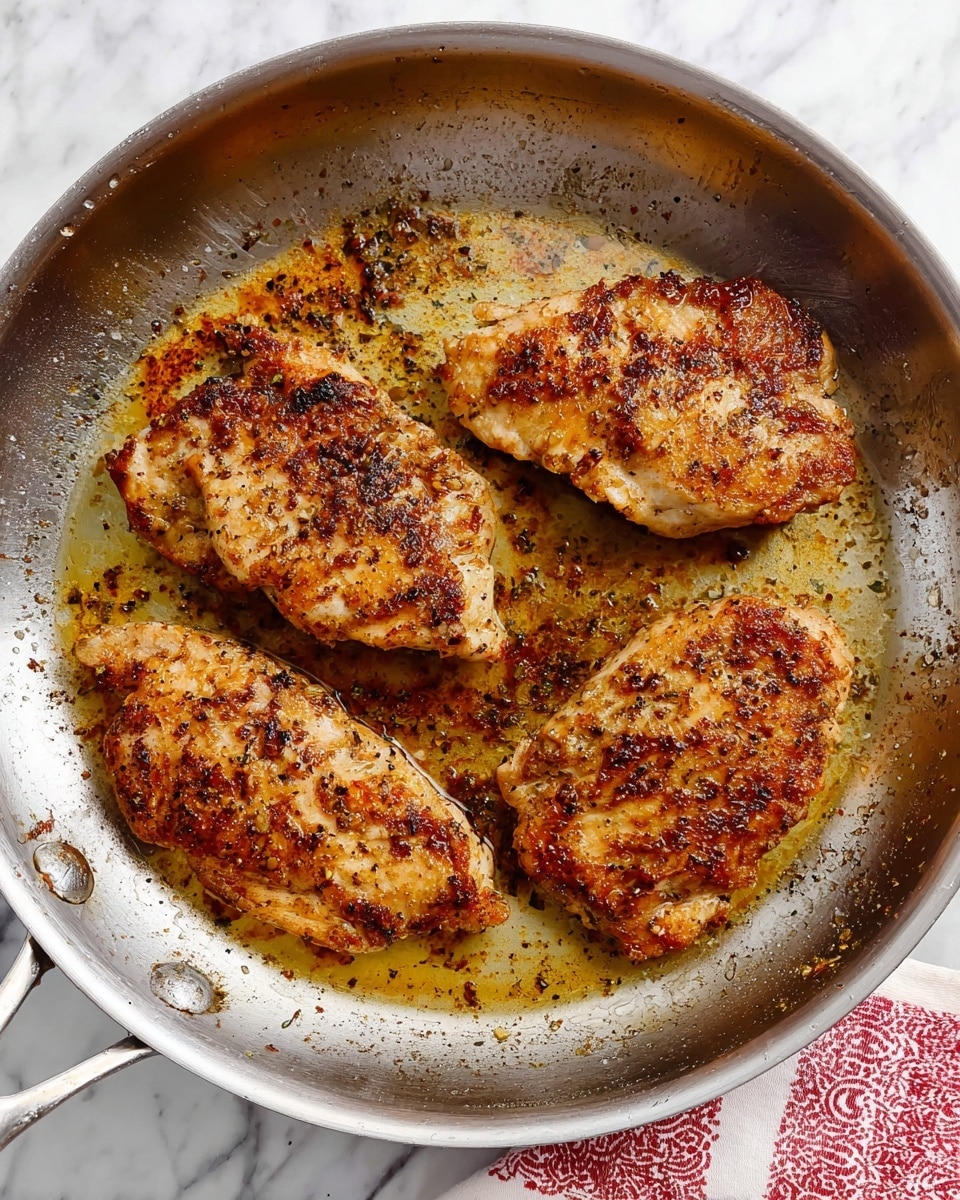 A close-up of a metal frying pan filled with four golden-brown cooked chicken pieces, each with a slightly rough and seasoned surface showing small dark grill marks and uneven edges, sitting in a shallow pool of oily cooking juices that shimmer under the light; the pan rests on a white marbled surface with a red and white patterned cloth partially visible at the bottom right corner. photo taken with an iphone --ar 4:5 --v 7