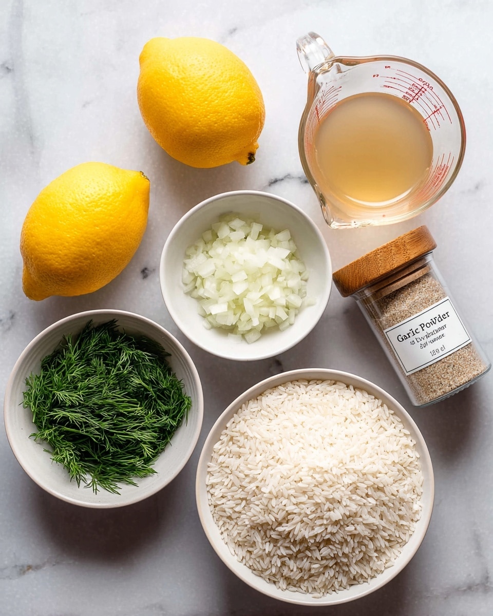 The image shows six ingredients arranged neatly on a white marbled surface. There is a whole yellow lemon on the left side. Next to it, slightly right and above, is a clear glass measuring cup filled three-quarters with a light golden liquid. Below the lemon, a small white bowl is filled with fresh green dill sprigs, and close by is another white bowl containing finely chopped white onions. Centrally placed is a medium white bowl full of uncooked white rice grains. To the right of the onion bowl is a spice jar with a wooden lid, labeled